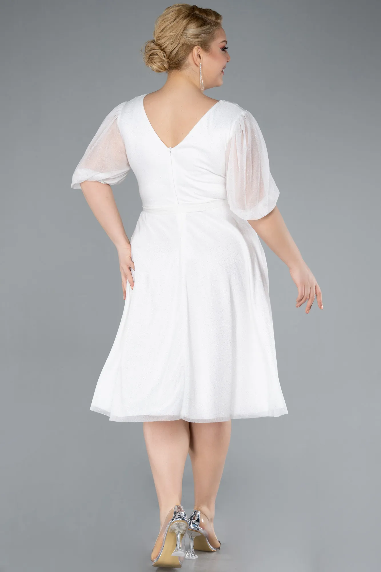 Ecru-Short Sleeve Glitter Midi Plus Size Invatation Dress ABK2135