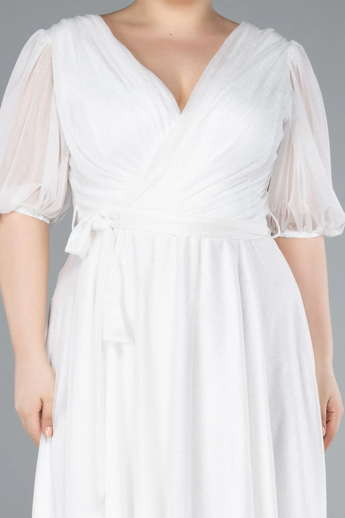 Ecru-Short Sleeve Glitter Midi Plus Size Invatation Dress ABK2135