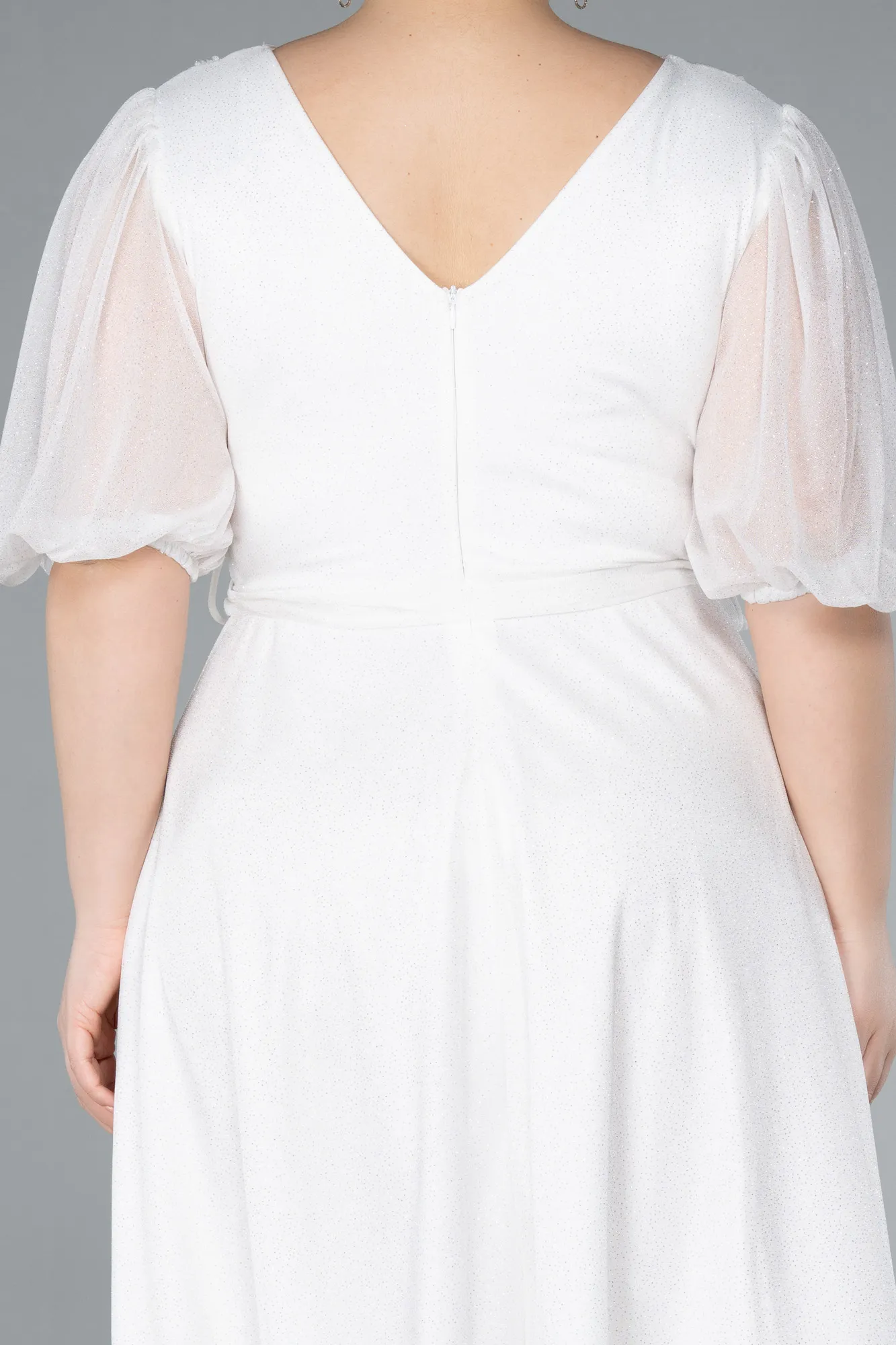 Ecru-Short Sleeve Glitter Midi Plus Size Invatation Dress ABK2135