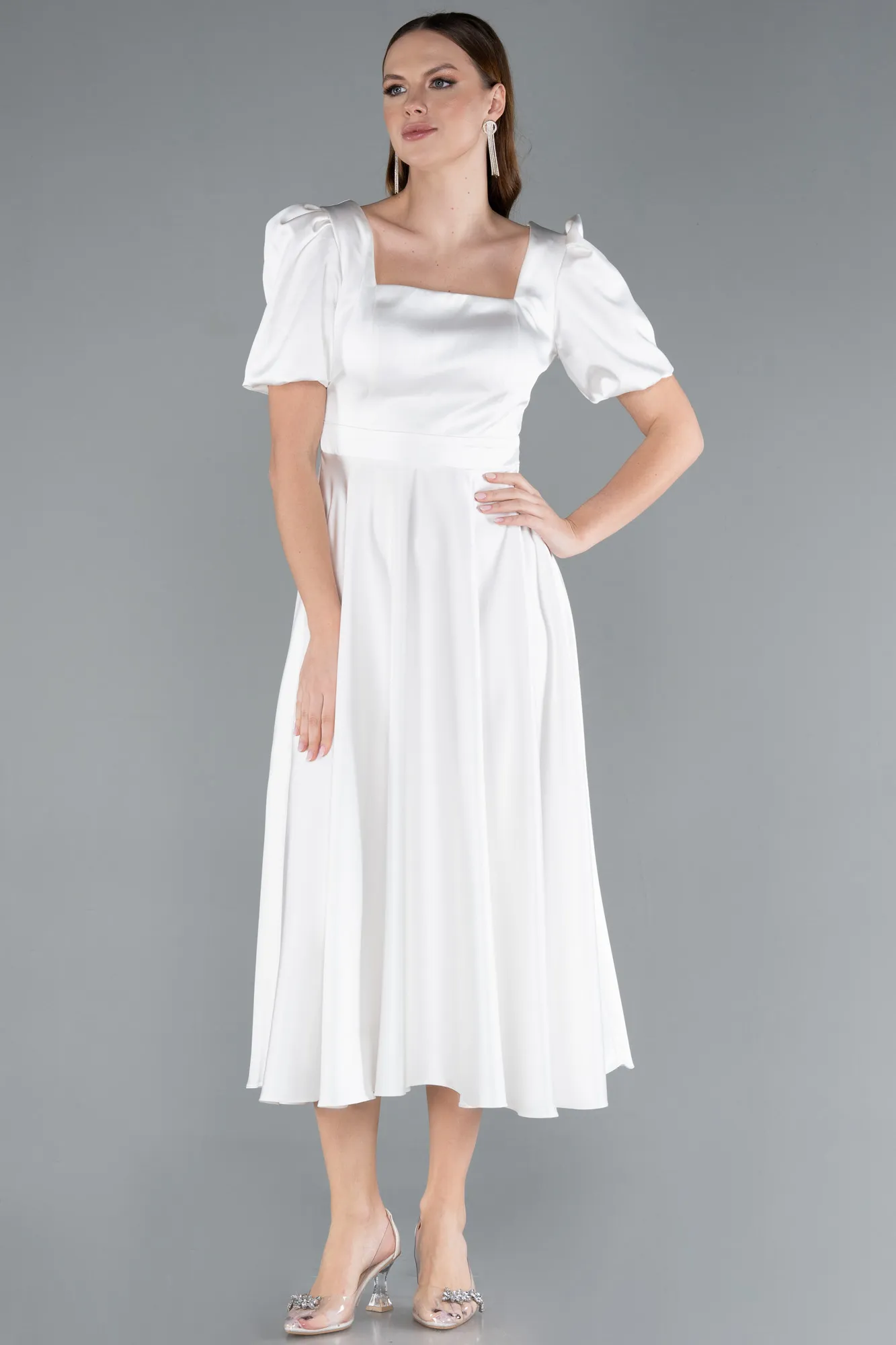 Ecru-Short Sleeve Square Neck Midi Satin Cocktail Dress ABK2288