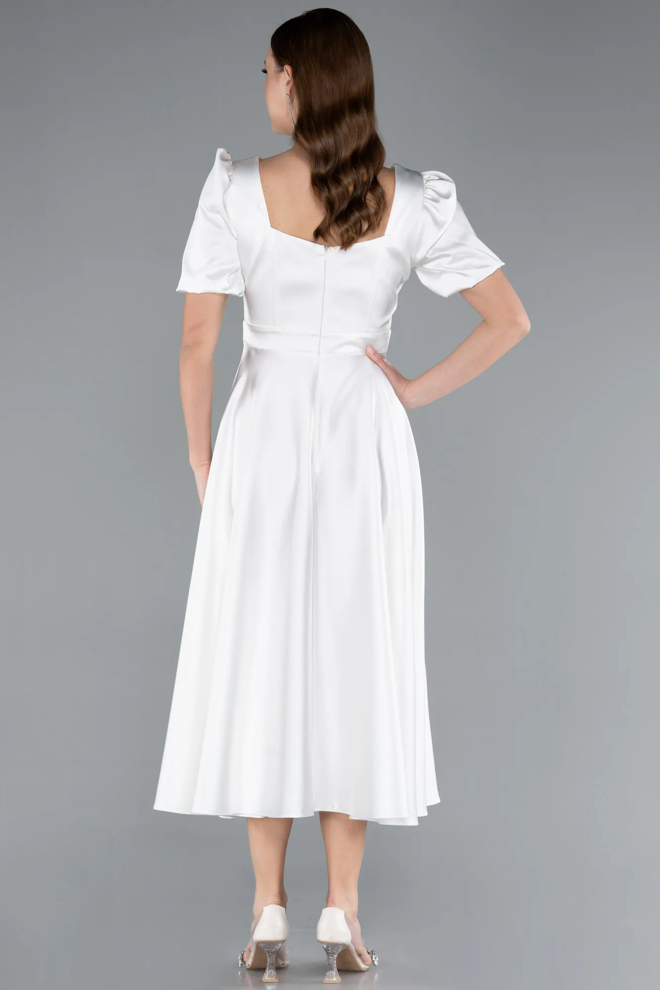 Ecru-Short Sleeve Square Neck Midi Satin Cocktail Dress ABK2288