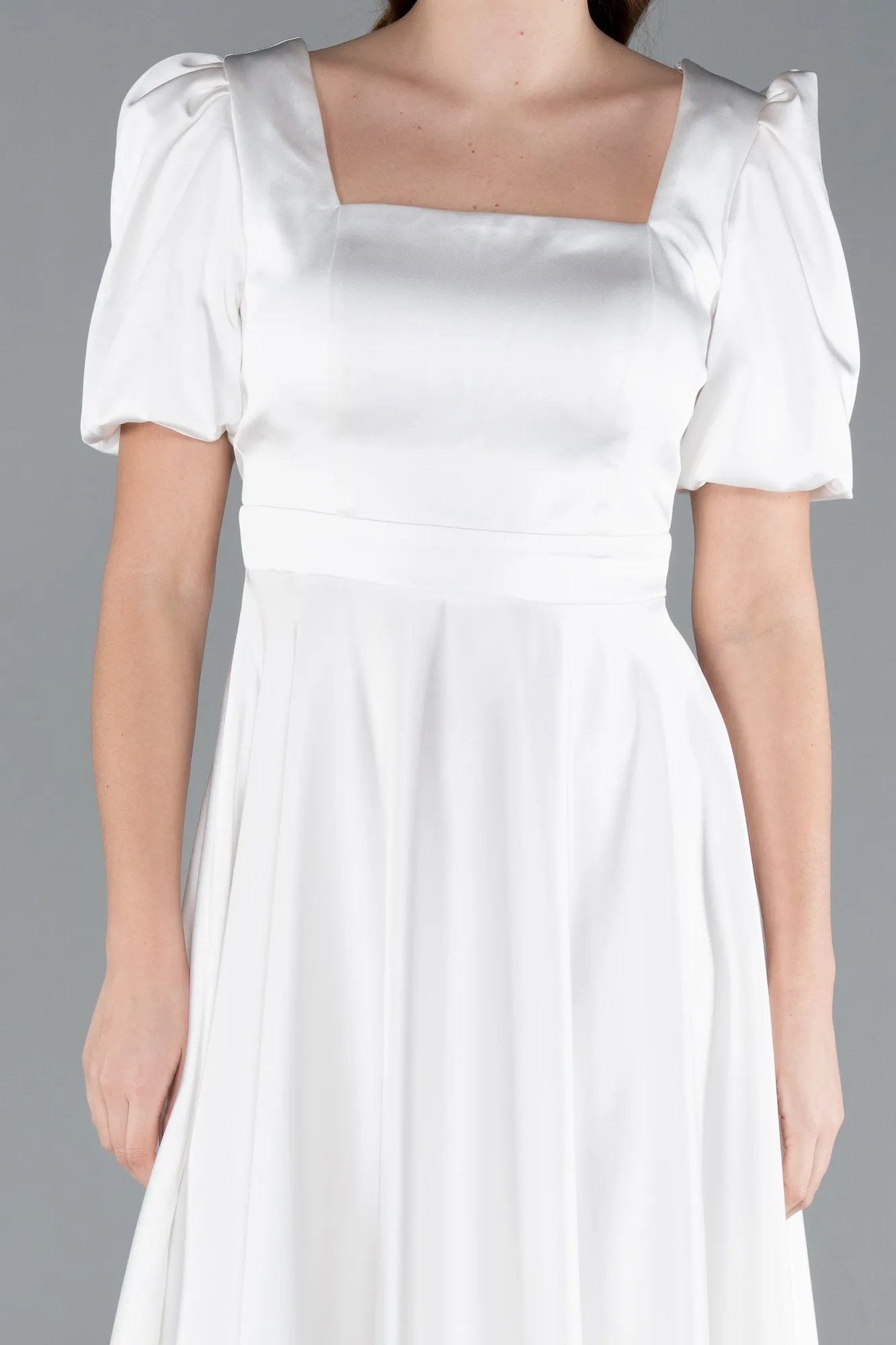 Ecru-Short Sleeve Square Neck Midi Satin Cocktail Dress ABK2288