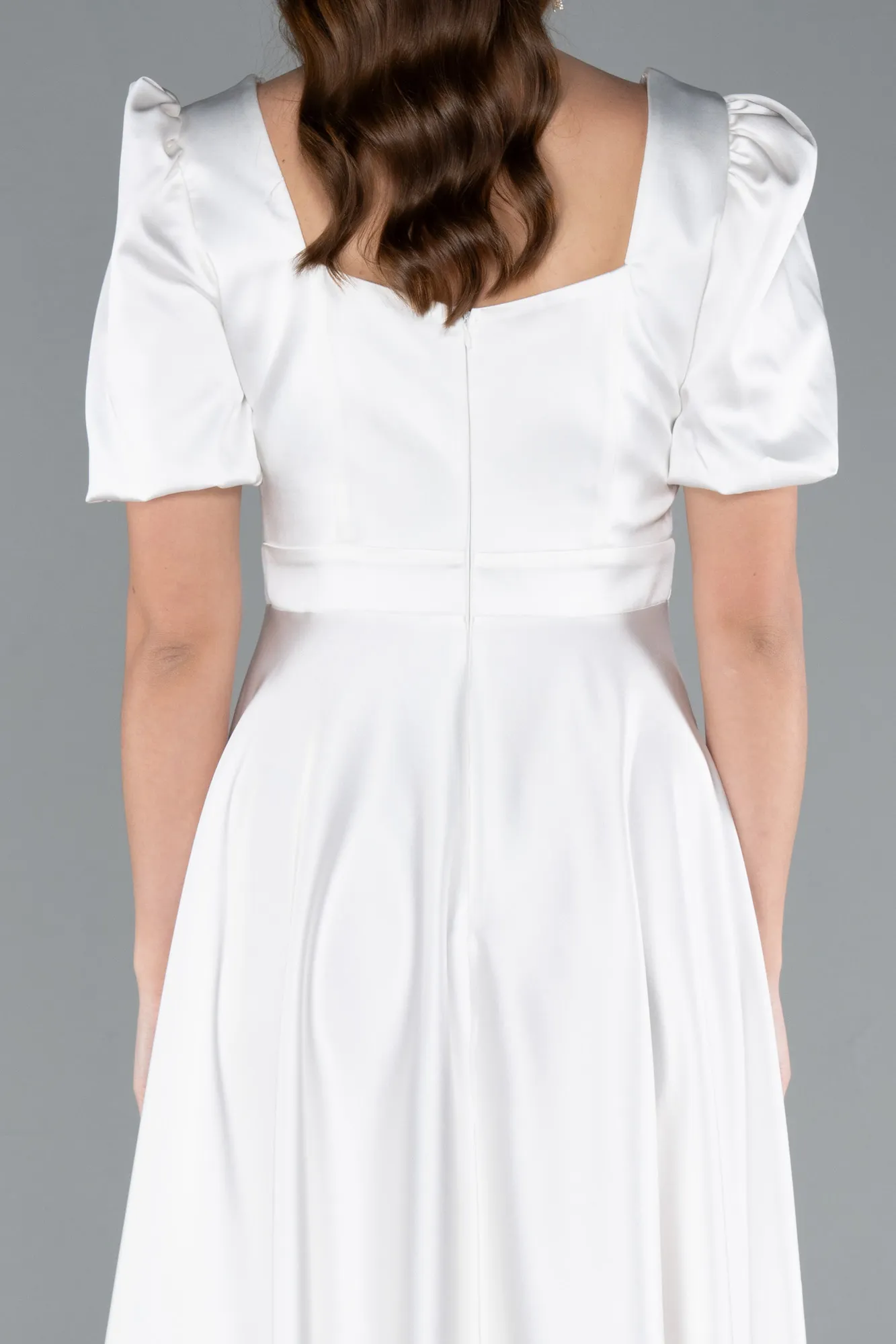 Ecru-Short Sleeve Square Neck Midi Satin Cocktail Dress ABK2288
