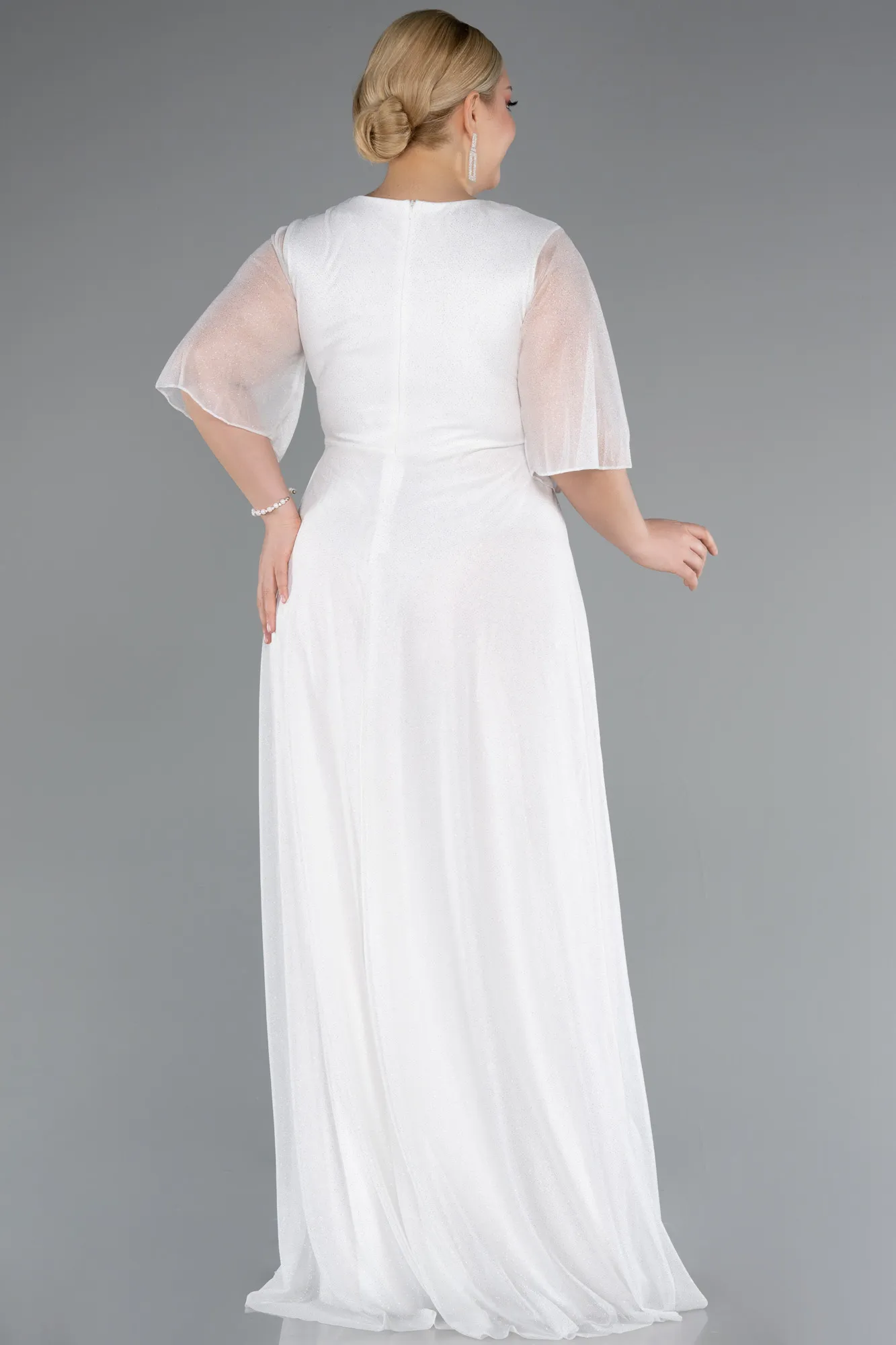 Ecru-Short Sleeve V Neck Long Glittery Plus Size Evening Dress ABU4887