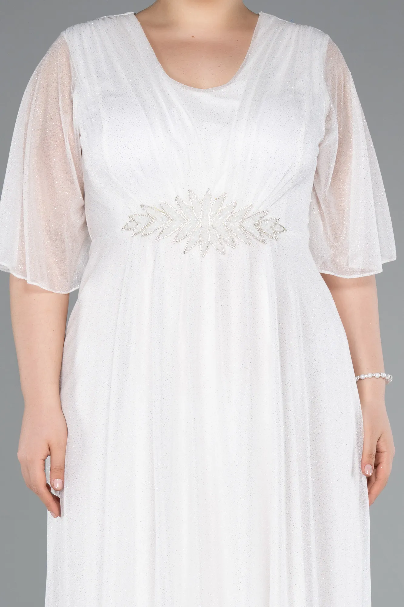 Ecru-Short Sleeve V Neck Long Glittery Plus Size Evening Dress ABU4887