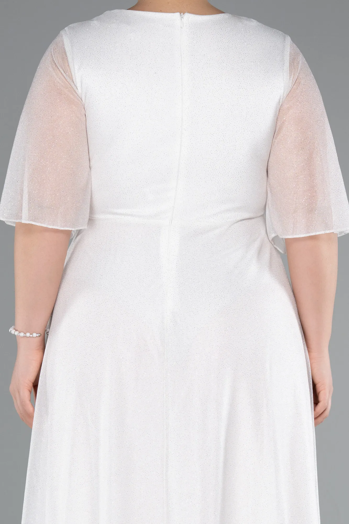 Ecru-Short Sleeve V Neck Long Glittery Plus Size Evening Dress ABU4887