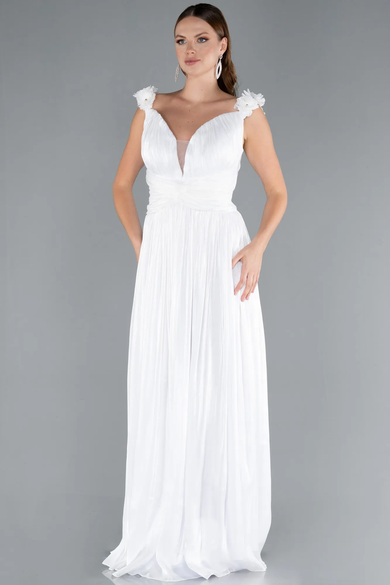 Ecru-Sleeveless Long Chiffon Evening Dress ABU4810