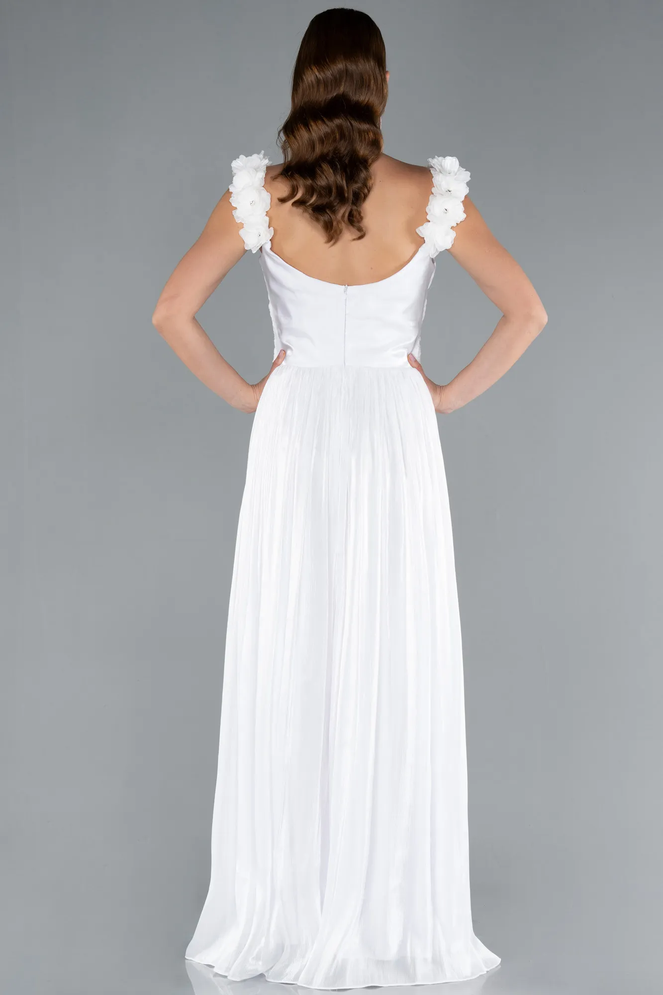 Ecru-Sleeveless Long Chiffon Evening Dress ABU4810