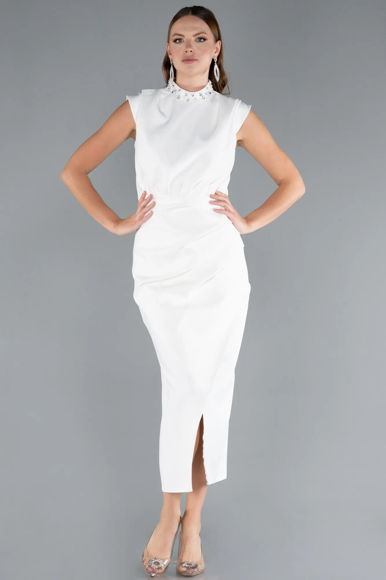 Ecru-Sleeveless Midi Cocktail Dress ABK2309