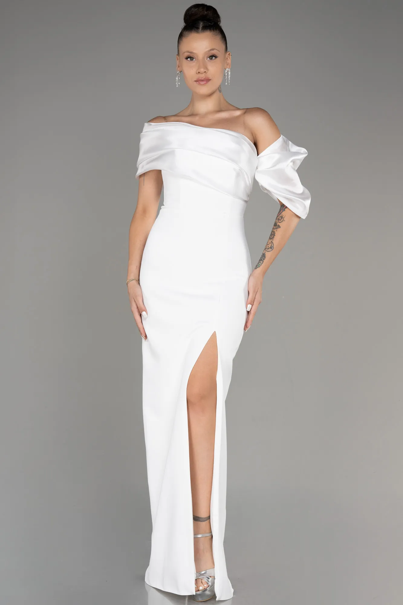 Ecru-Off Shoulder Satin Drape Slit Evening Gown ABU4024