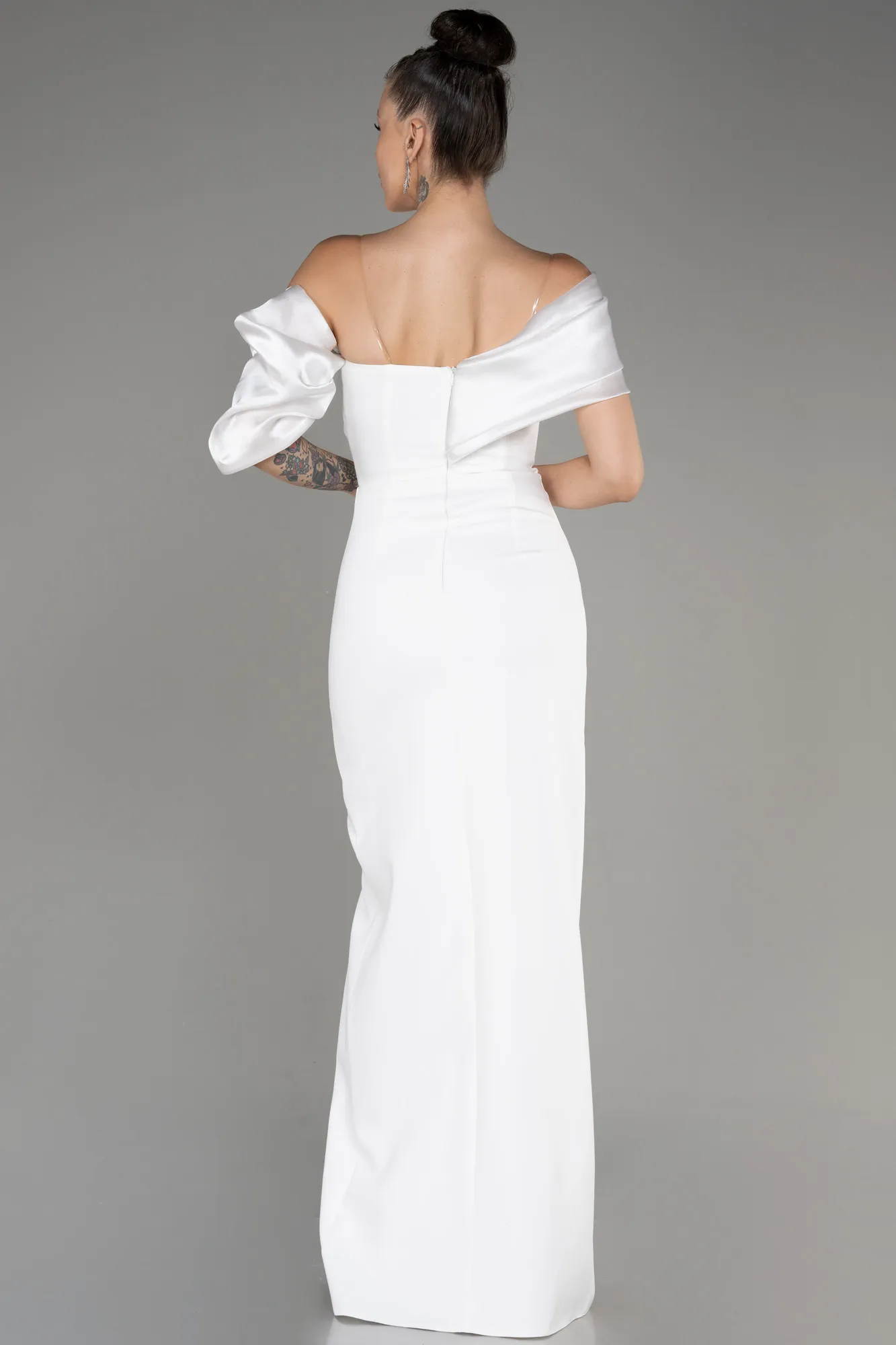 Ecru-Off Shoulder Satin Drape Slit Evening Gown ABU4024