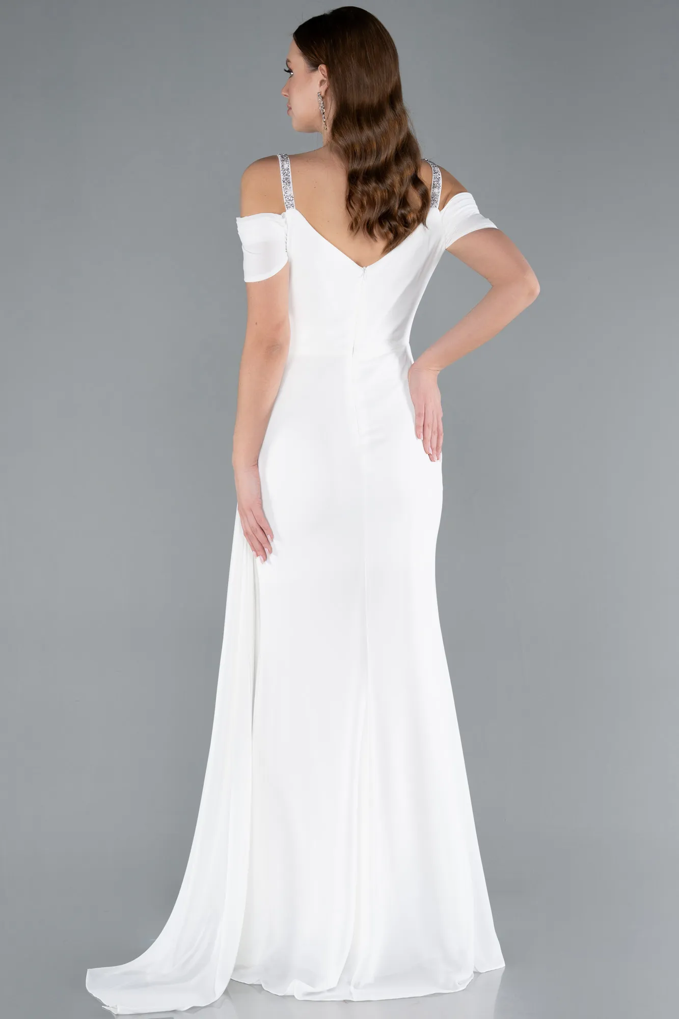 Ecru-Slit Tail Long Chiffon Evening Dress ABU4767