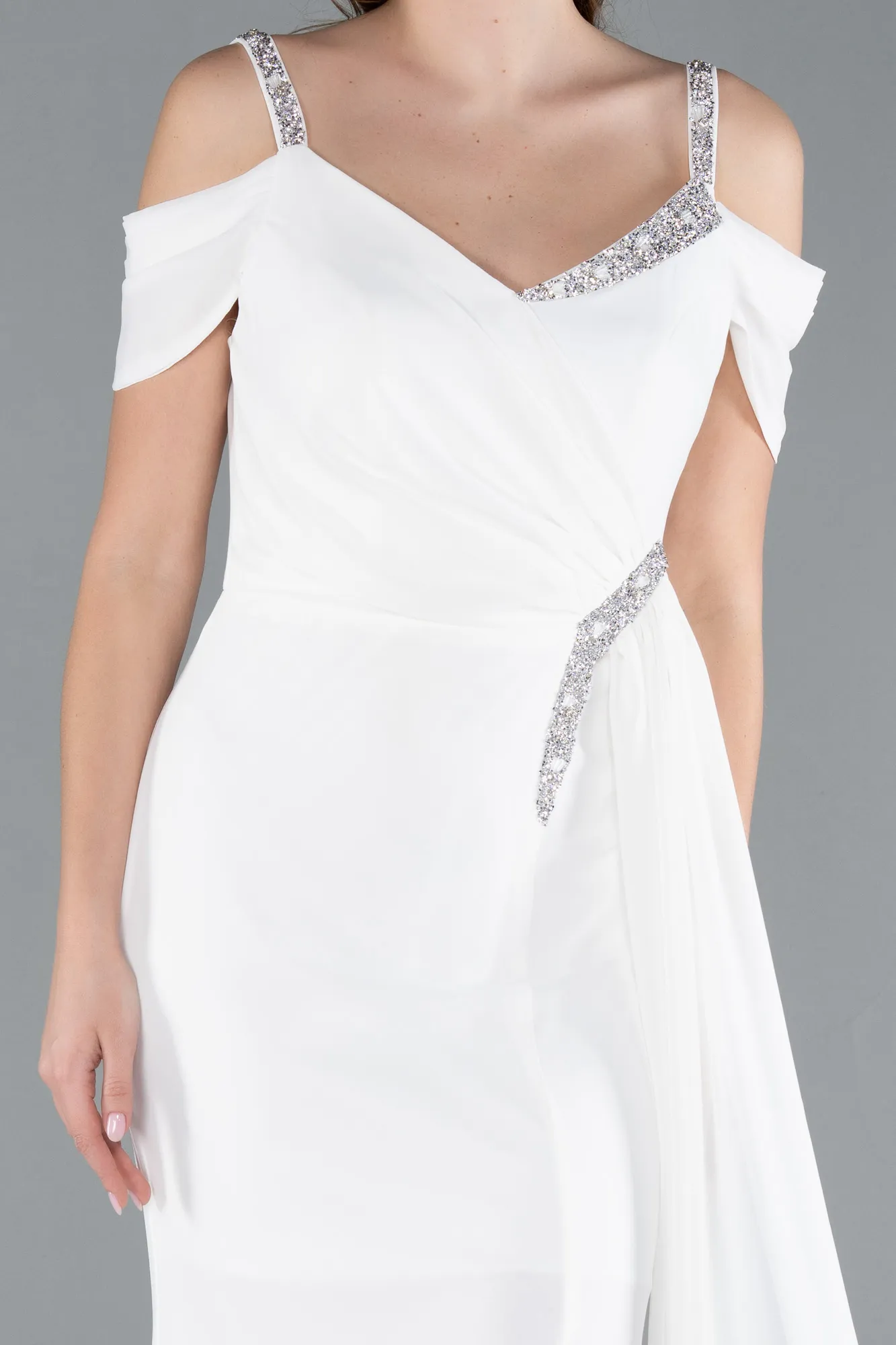 Ecru-Slit Tail Long Chiffon Evening Dress ABU4767