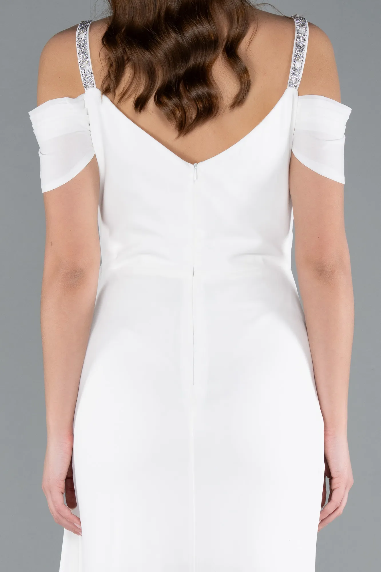 Ecru-Slit Tail Long Chiffon Evening Dress ABU4767