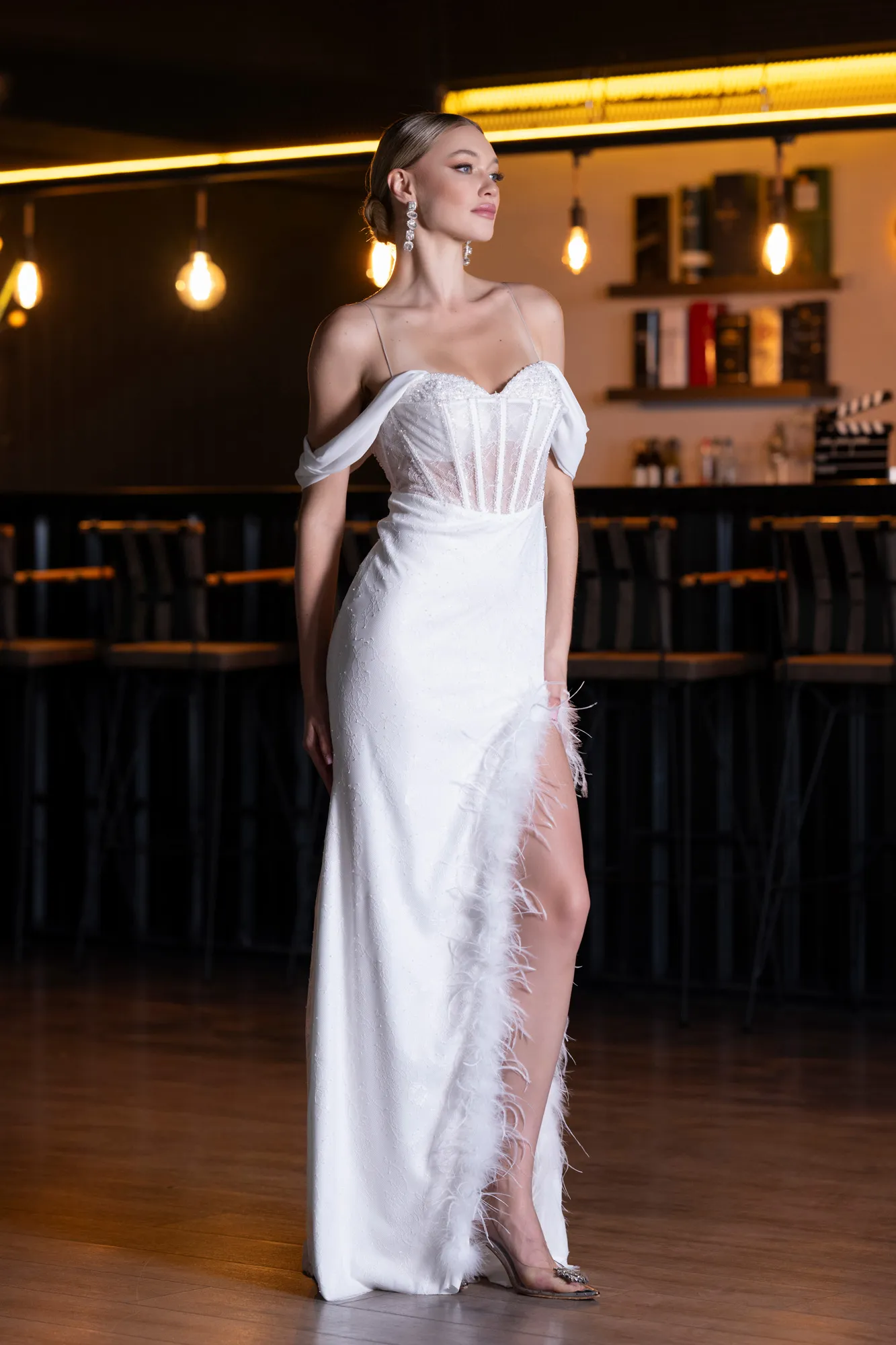 Ecru-Slit Underwire Long Lace Evening Gown ABU4270