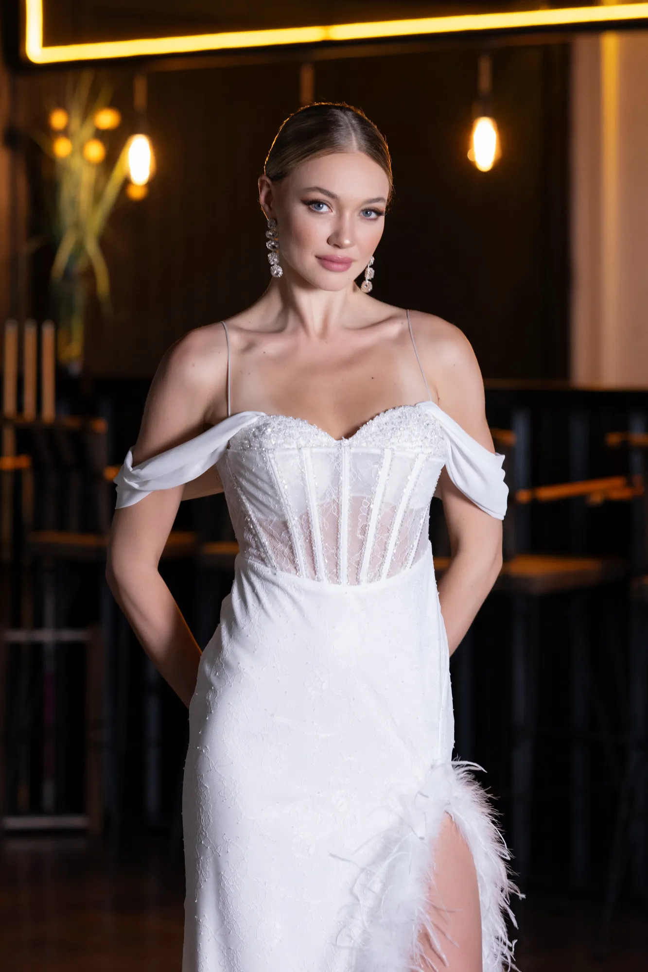 Ecru-Slit Underwire Long Lace Evening Gown ABU4270