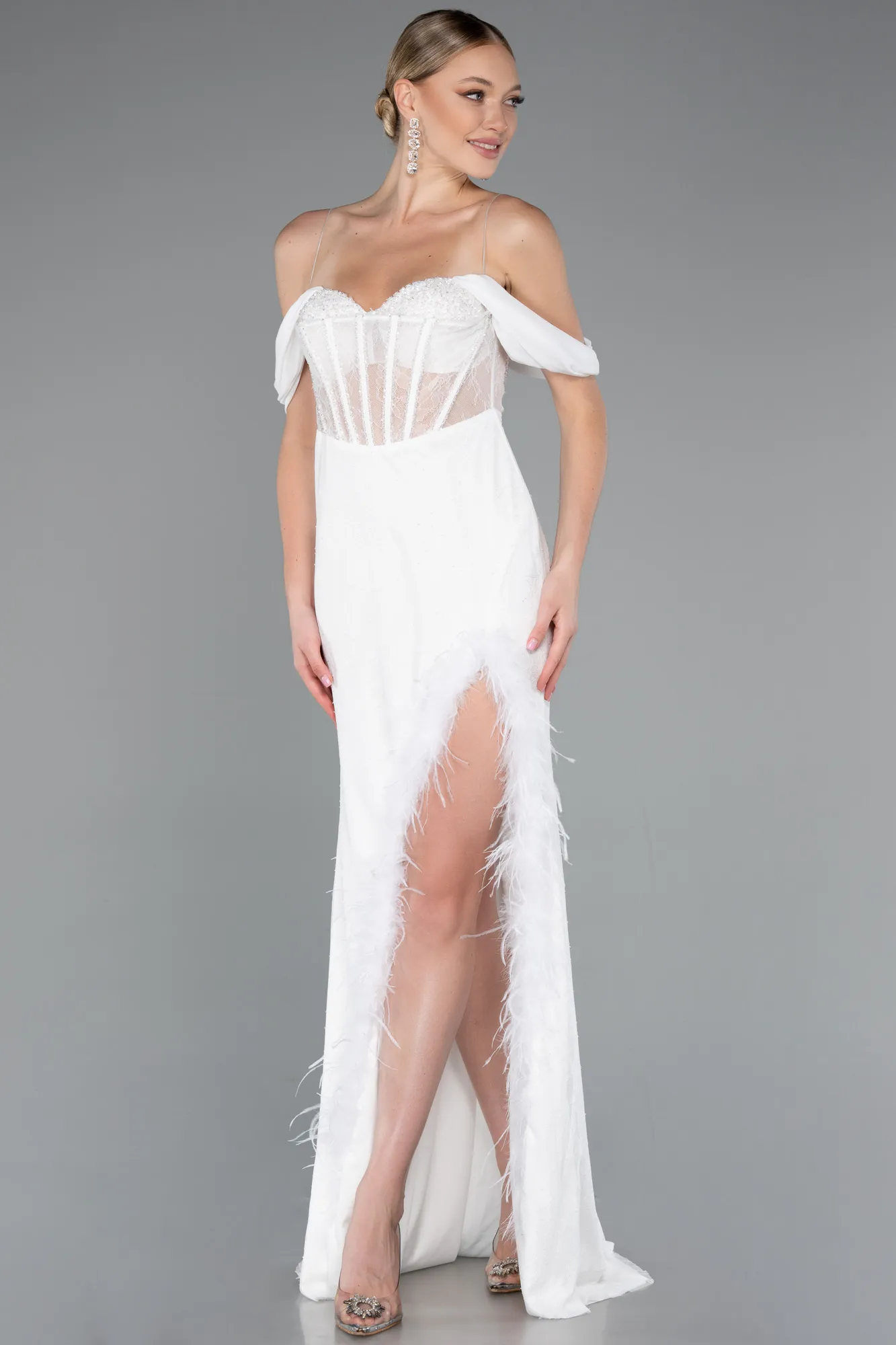 Ecru-Slit Underwire Long Lace Evening Gown ABU4270