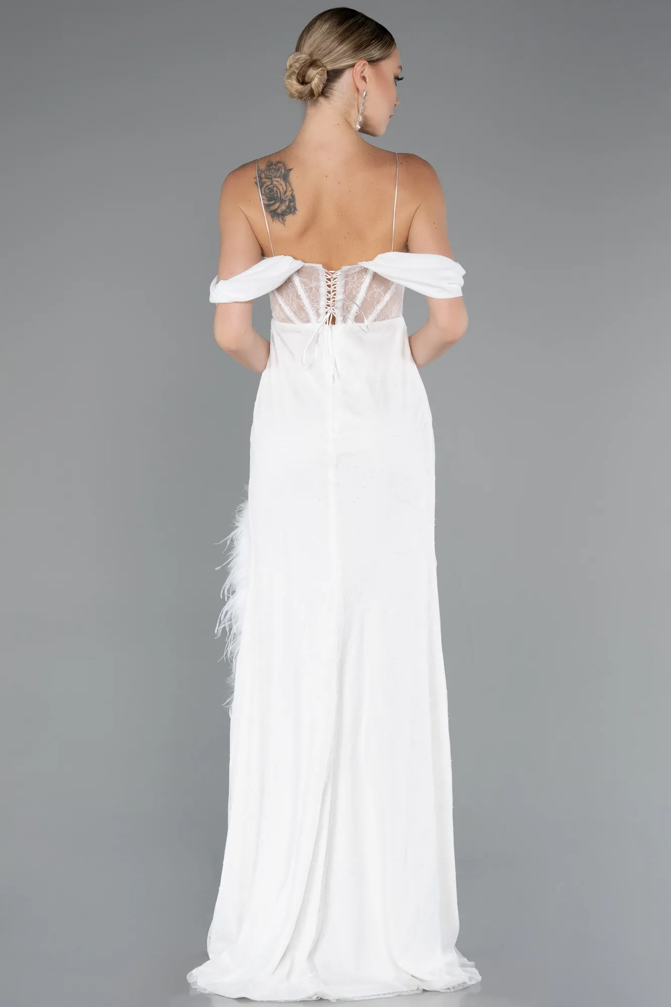 Ecru-Slit Underwire Long Lace Evening Gown ABU4270