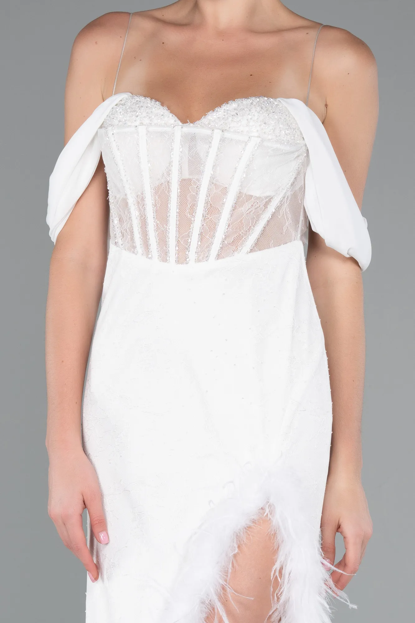 Ecru-Slit Underwire Long Lace Evening Gown ABU4270