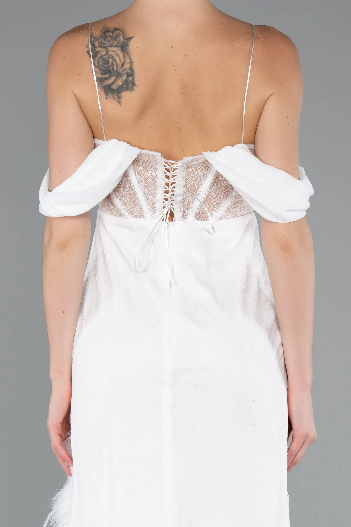 Ecru-Slit Underwire Long Lace Evening Gown ABU4270