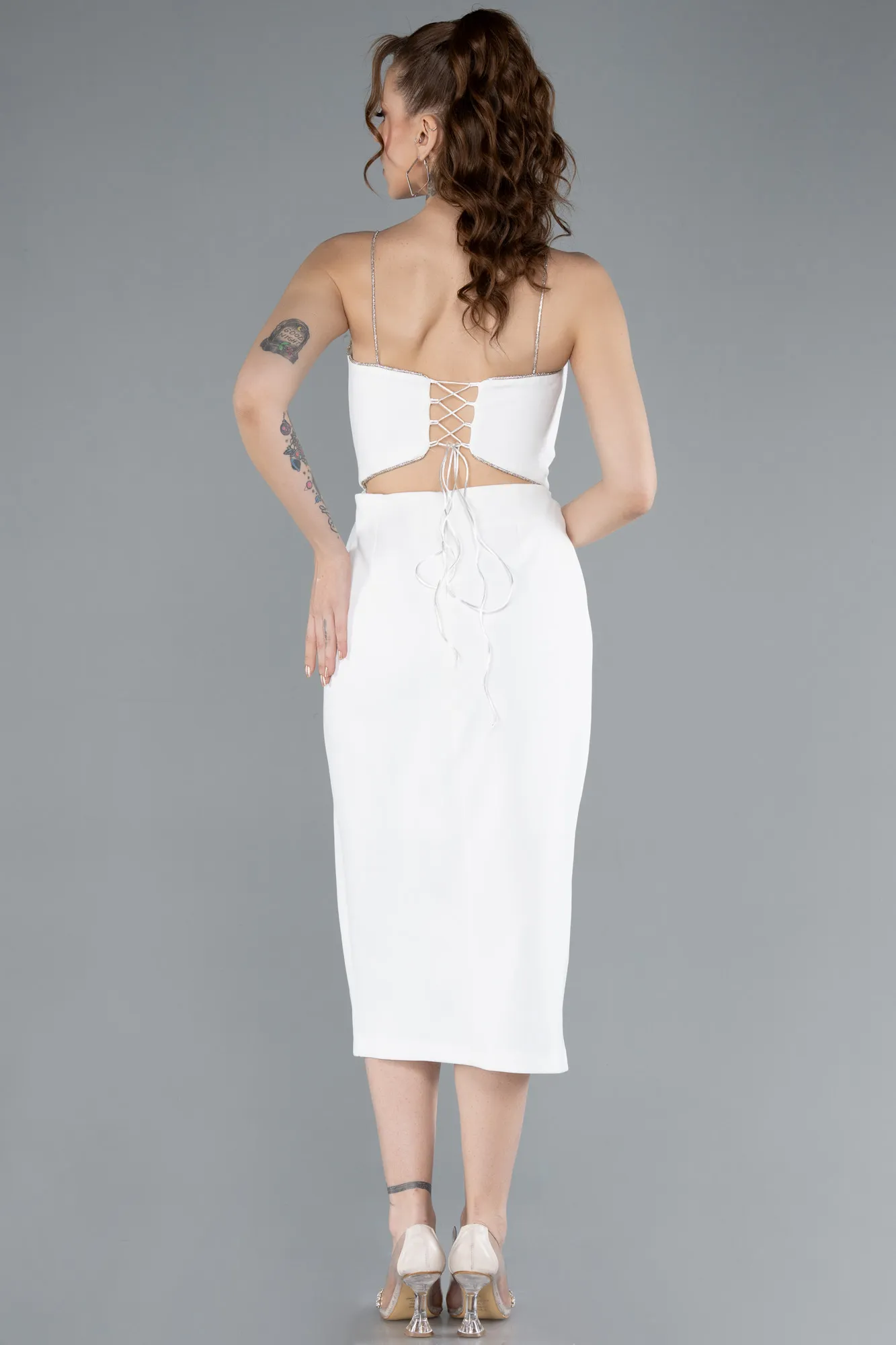 Ecru-Stone Strap Slit Midi Cocktail Dress ABK2250