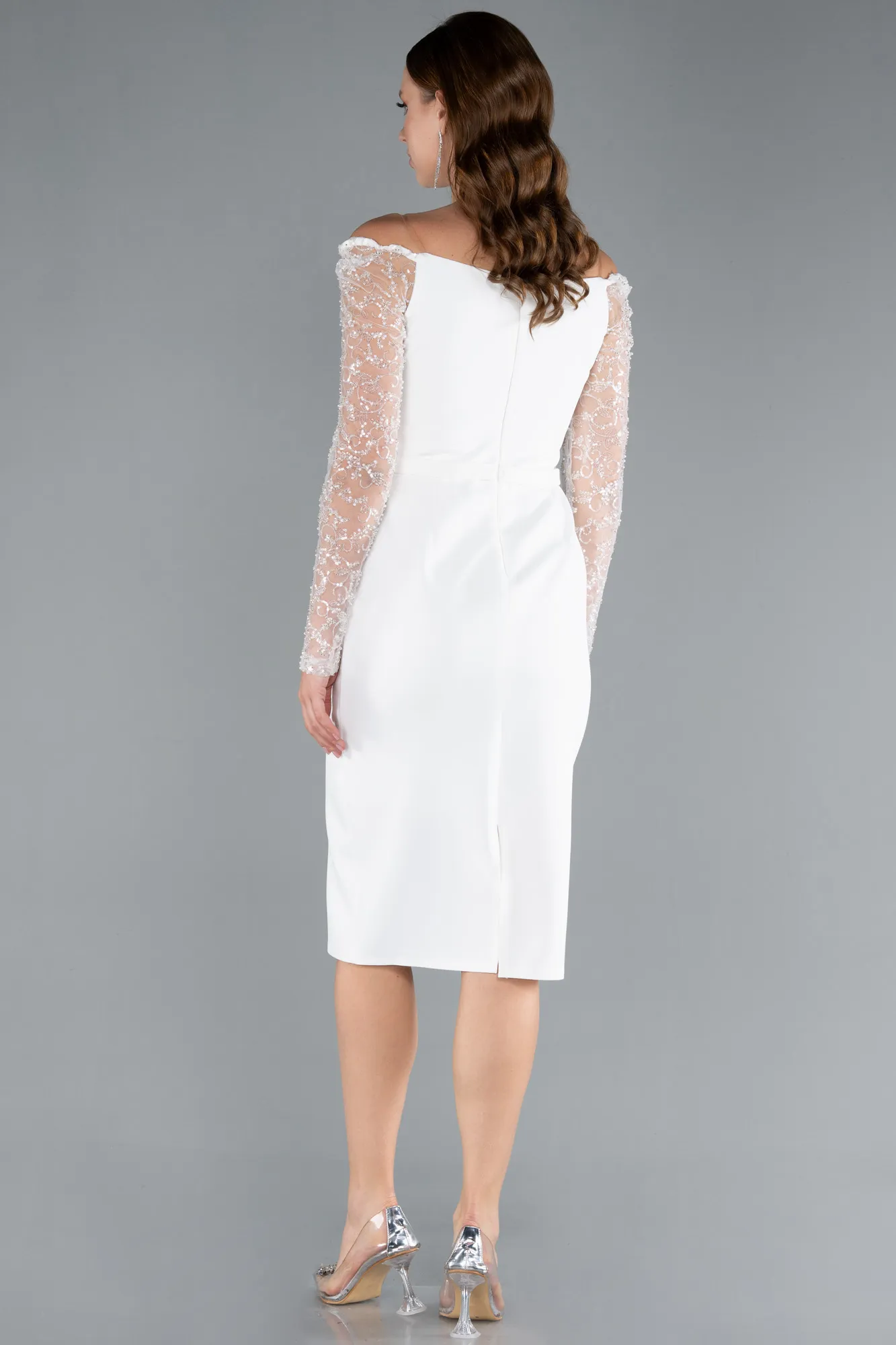 Ecru-Stoned Long Sleeve Off Shoulder Midi Invitation Dress ABK2304