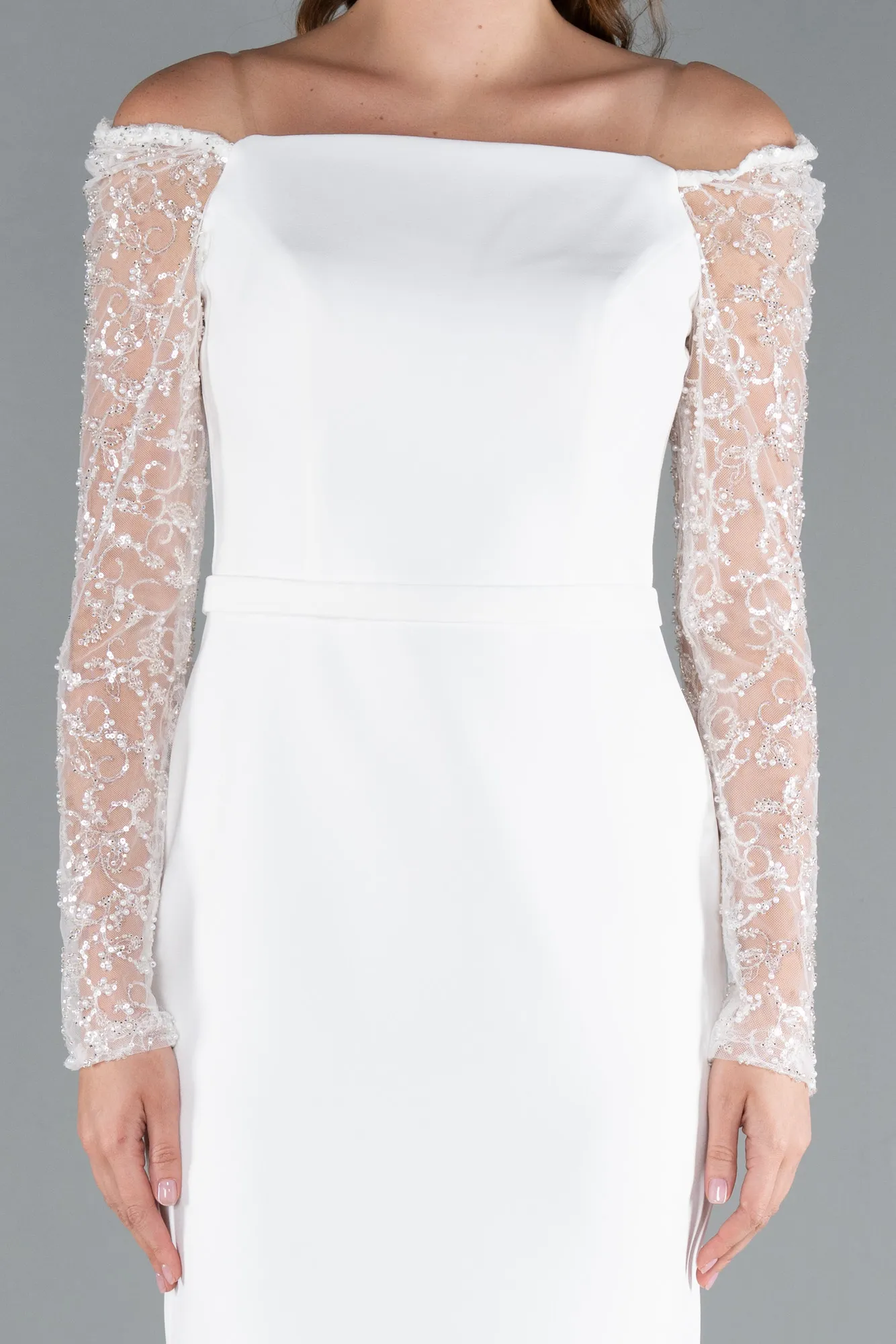 Ecru-Stoned Long Sleeve Off Shoulder Midi Invitation Dress ABK2304