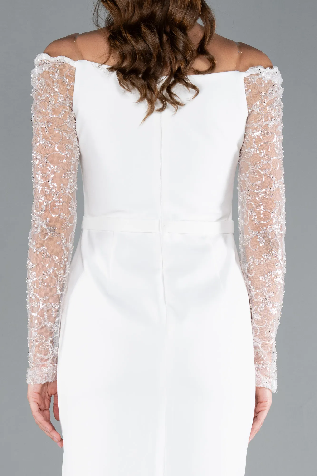 Ecru-Stoned Long Sleeve Off Shoulder Midi Invitation Dress ABK2304