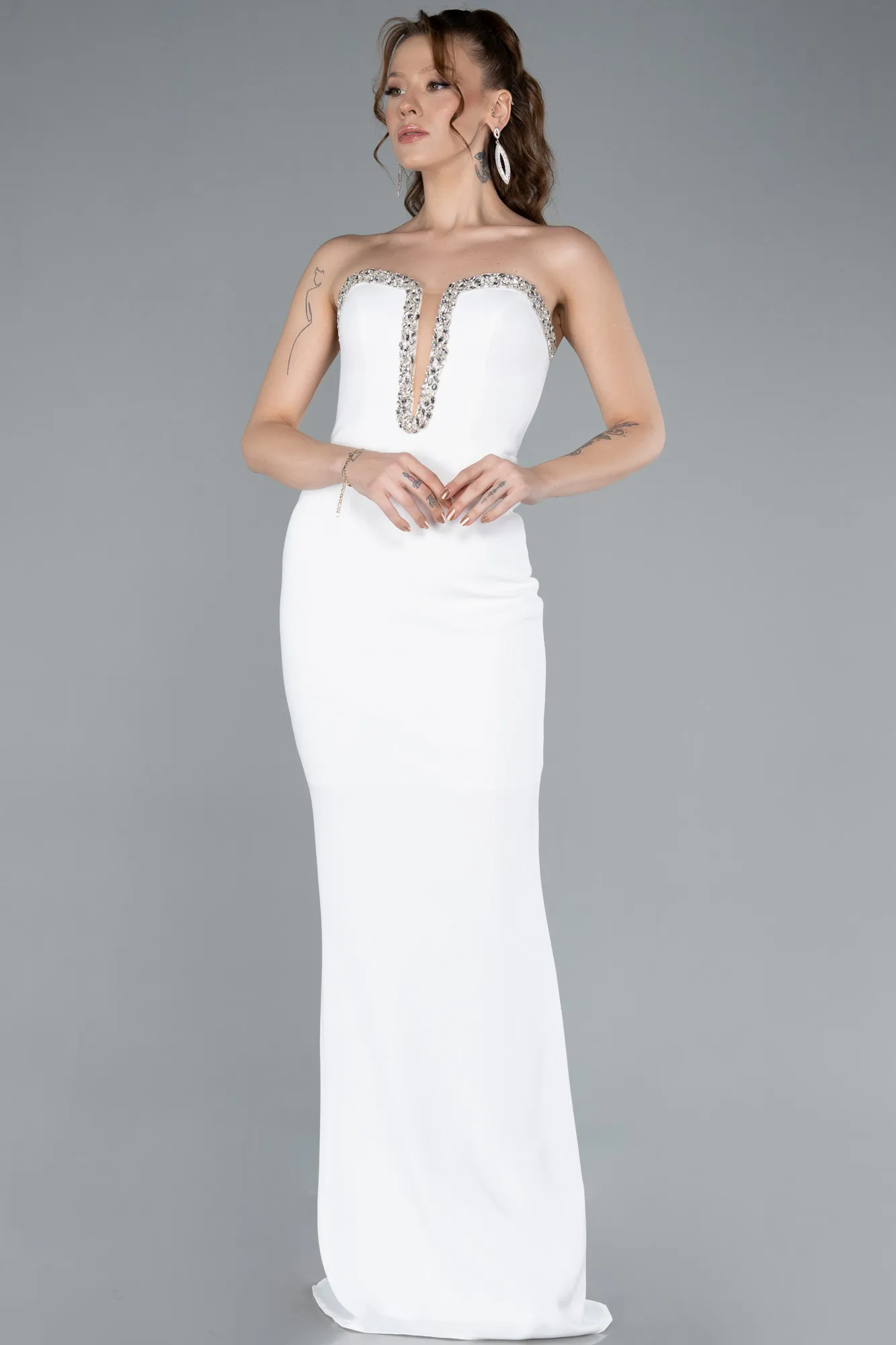 Ecru-Stoned Strapless Neck Long Mermaid Evening Gown ABU4687