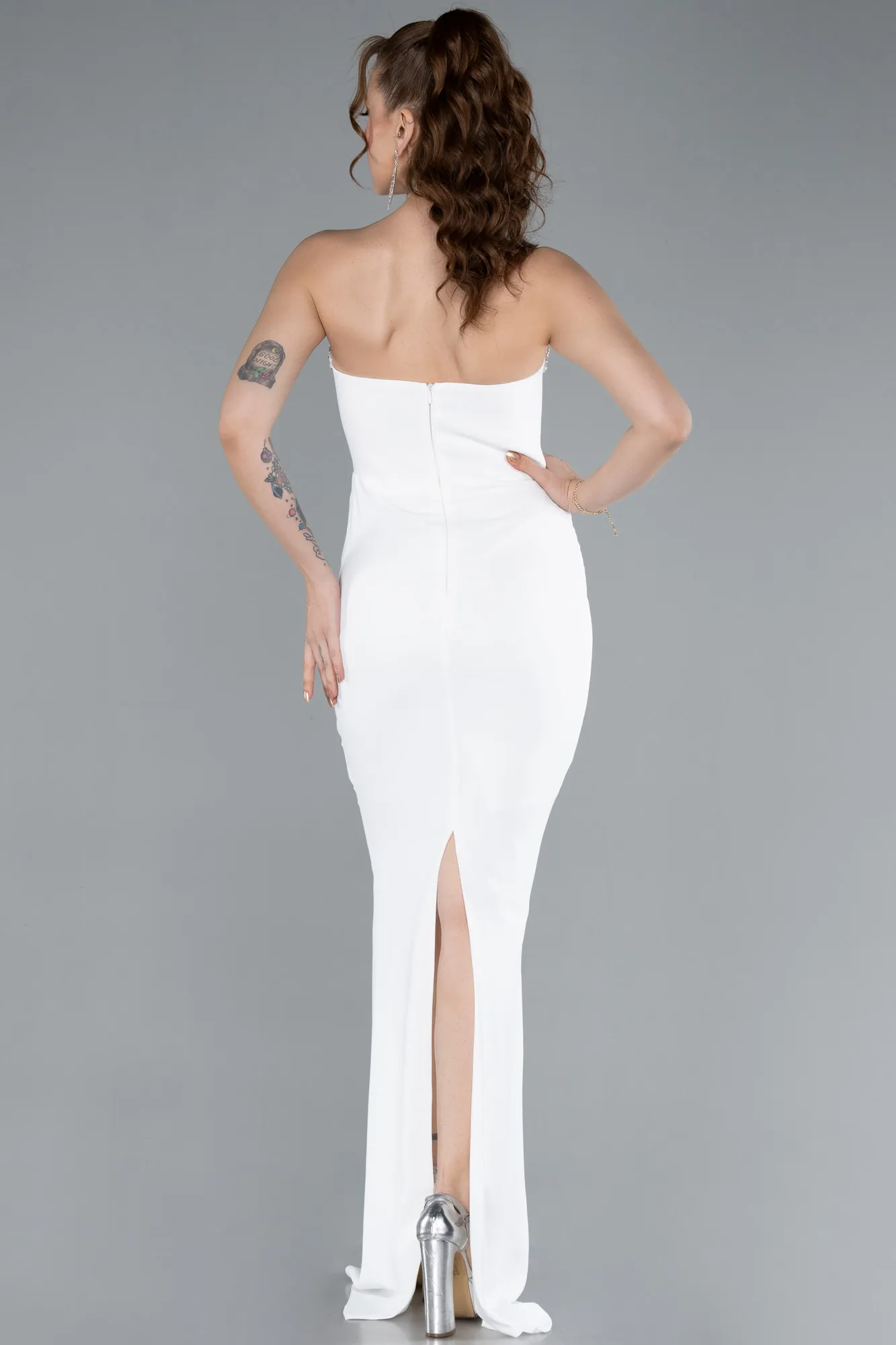 Ecru-Stoned Strapless Neck Long Mermaid Evening Gown ABU4687