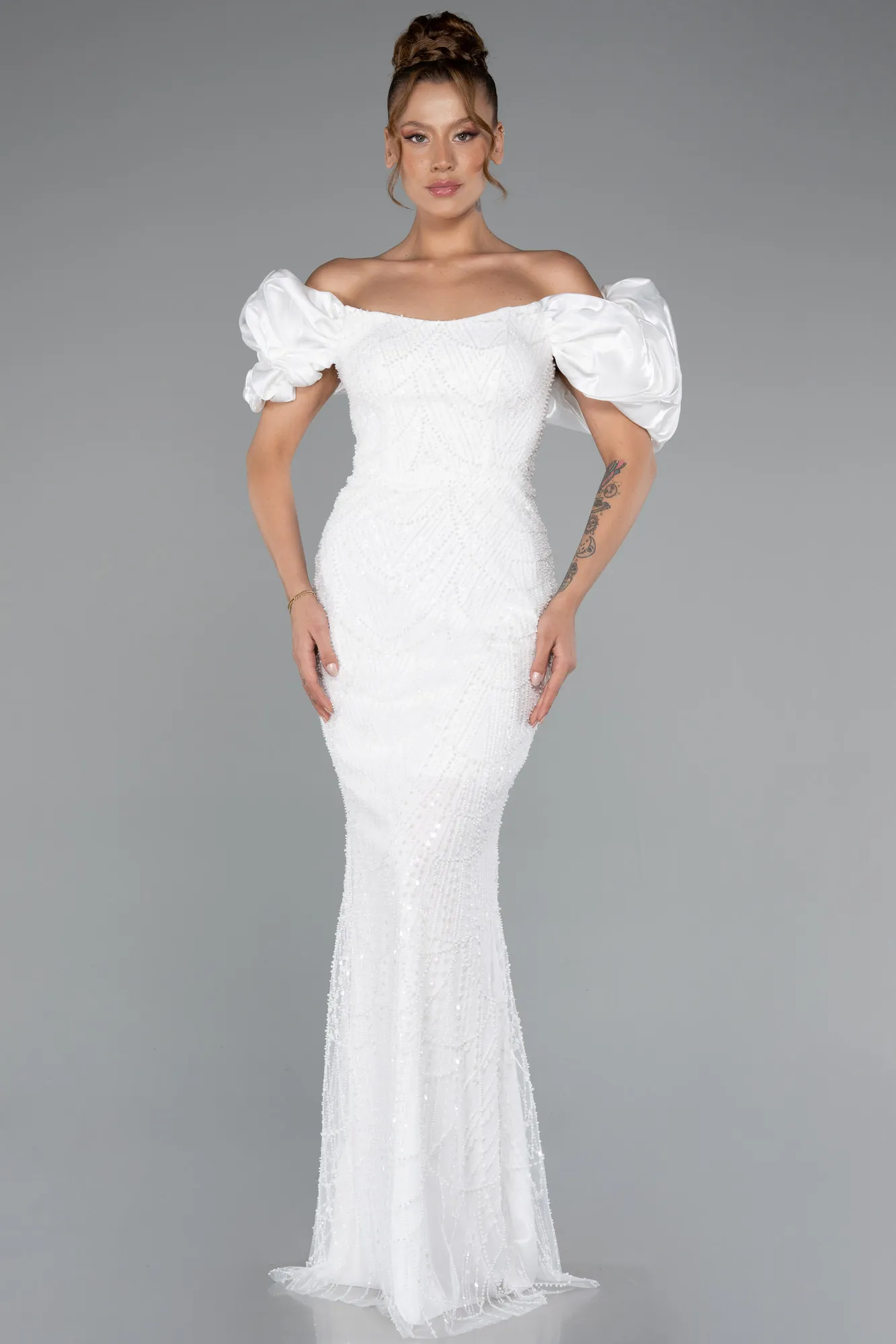 Ecru-Stoned Strapless Sleeve Accessories Long Mermaid Evening Gown ABU4509