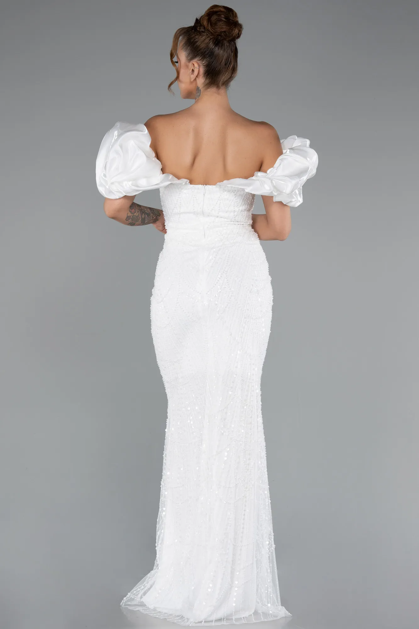 Ecru-Stoned Strapless Sleeve Accessories Long Mermaid Evening Gown ABU4509