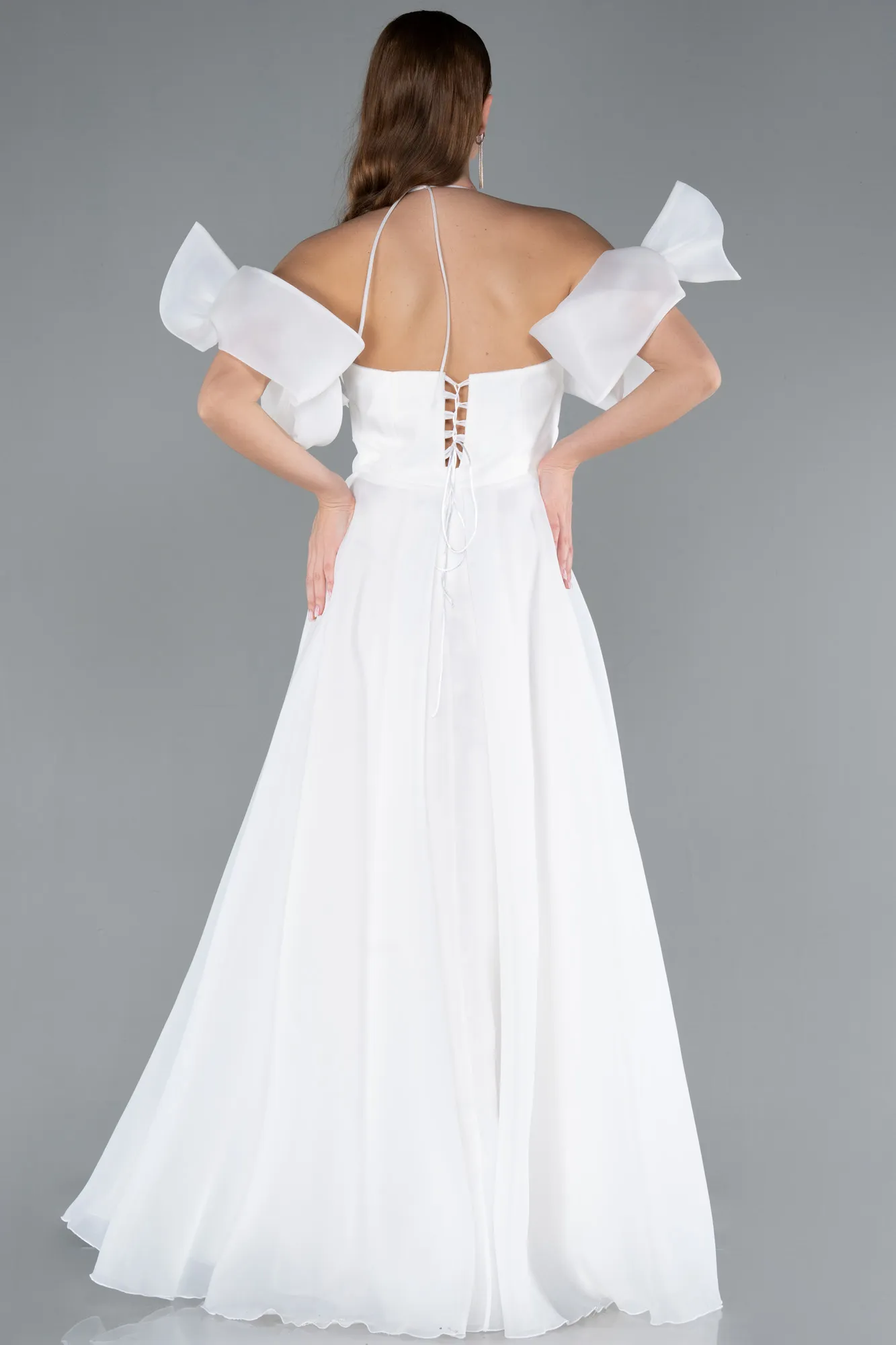 Ecru-Strap Puff Sleeve Detail Long Prom Dress ABU4773