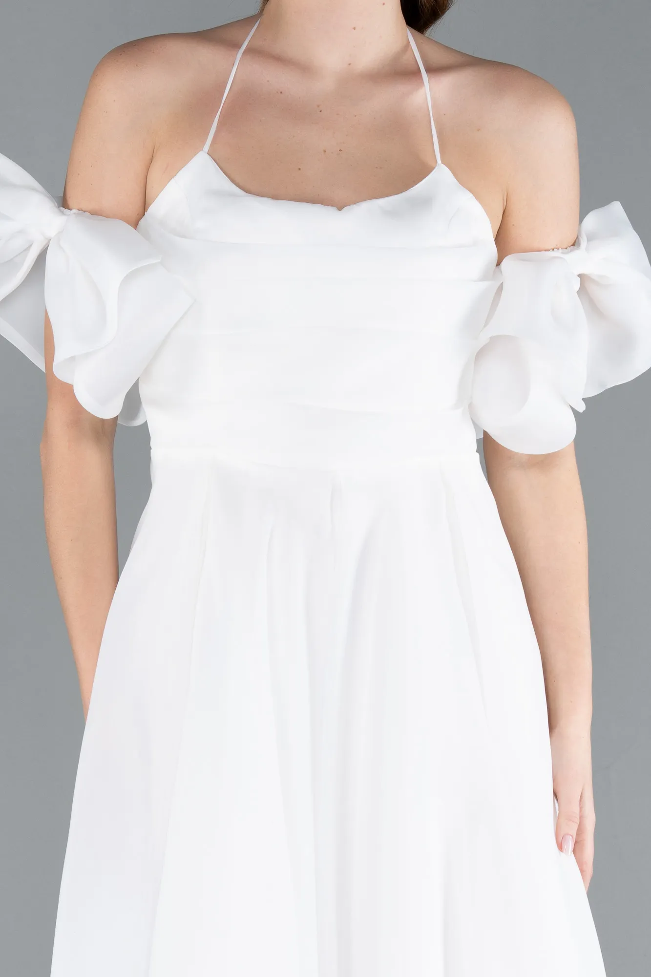 Ecru-Strap Puff Sleeve Detail Long Prom Dress ABU4773