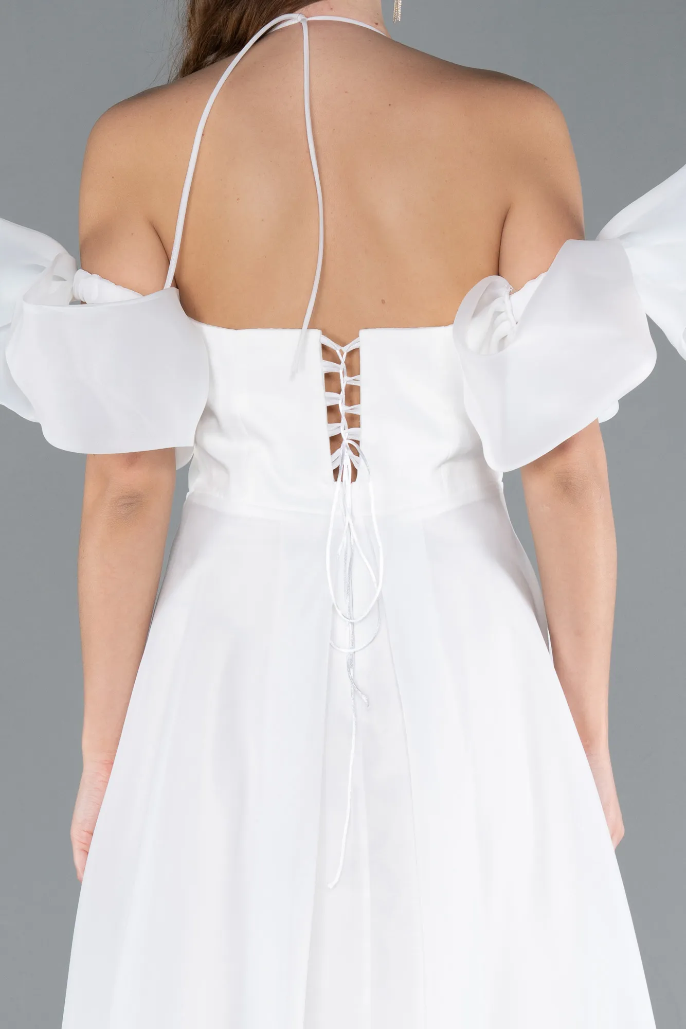 Ecru-Strap Puff Sleeve Detail Long Prom Dress ABU4773