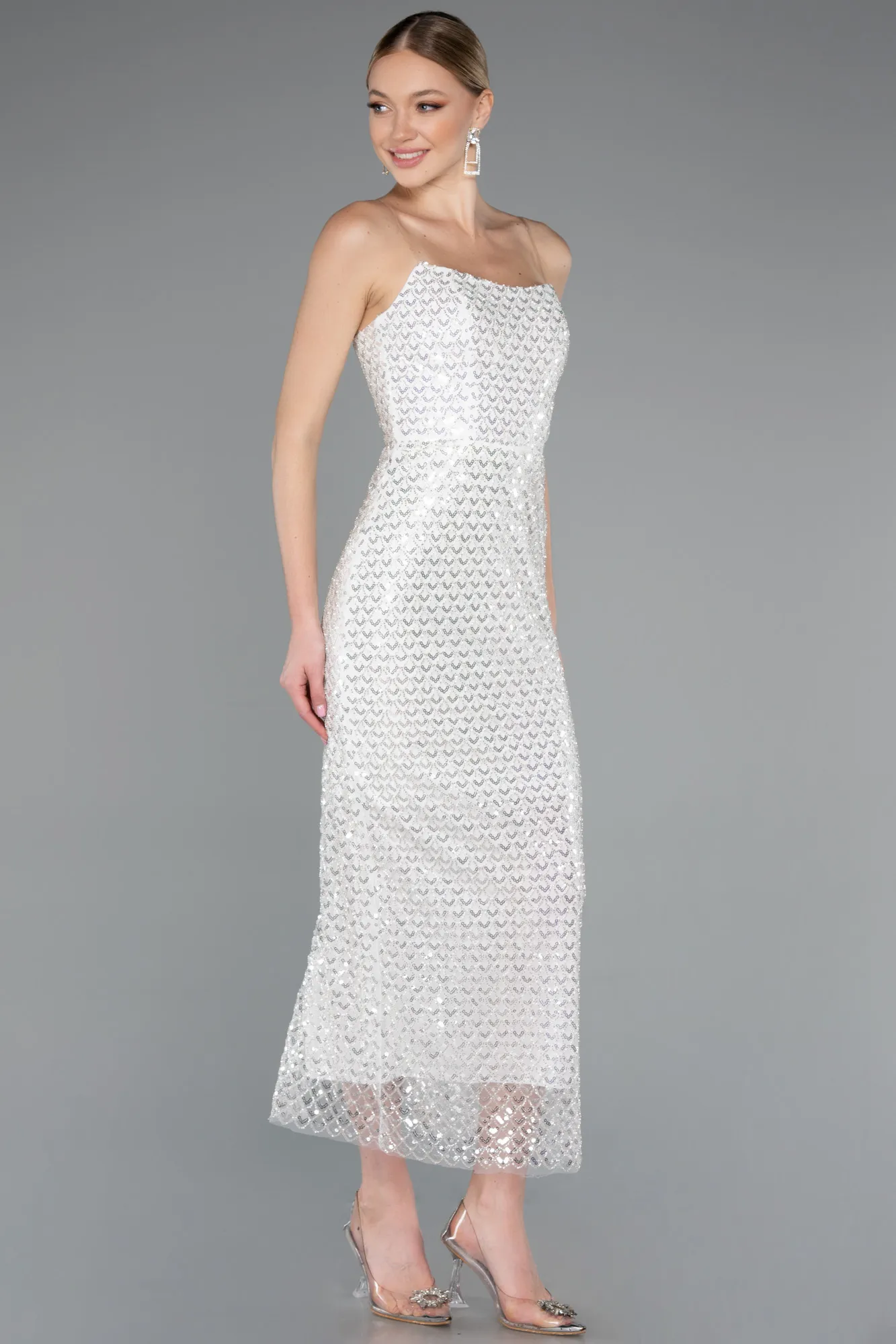 Ecru-Strapless Beaded Midi Cocktail Dress ABK2260