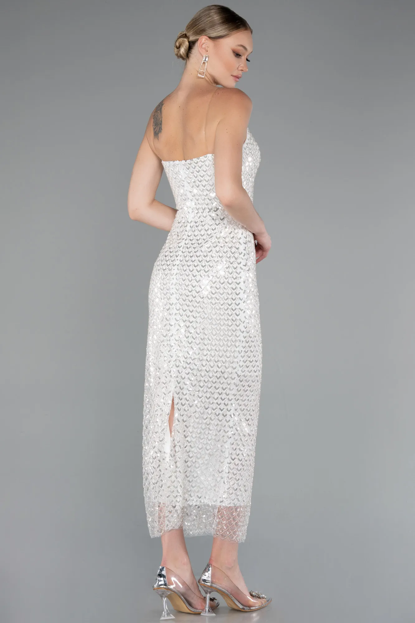 Ecru-Strapless Beaded Midi Cocktail Dress ABK2260