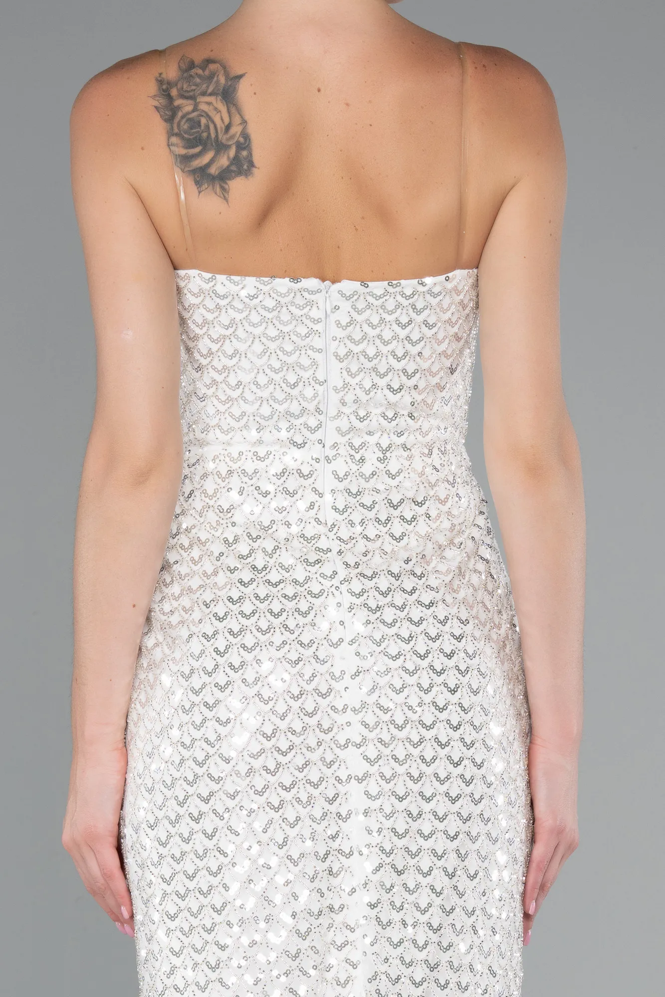 Ecru-Strapless Beaded Midi Cocktail Dress ABK2260