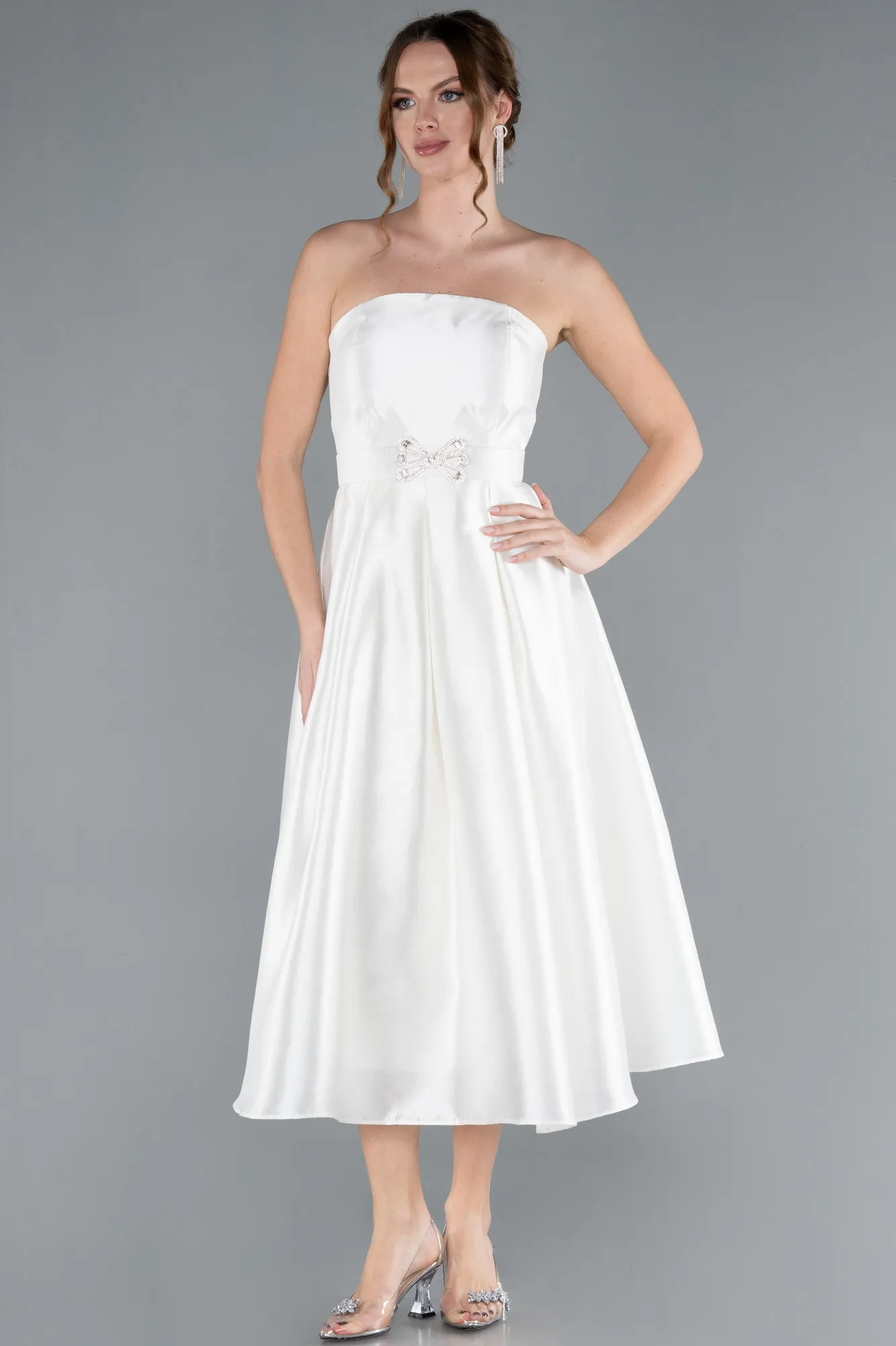 Ecru-Strapless Belted Midi Taffeta Party Dress ABK2287
