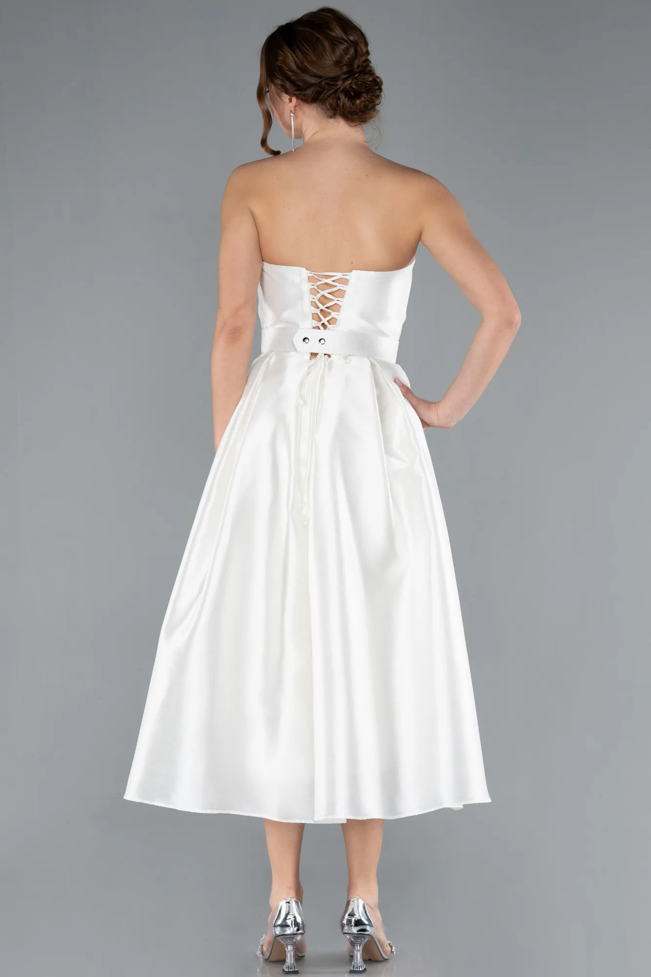 Ecru-Strapless Belted Midi Taffeta Party Dress ABK2287