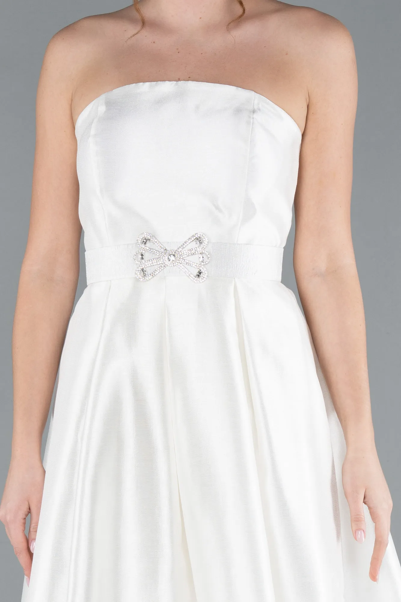 Ecru-Strapless Belted Midi Taffeta Party Dress ABK2287