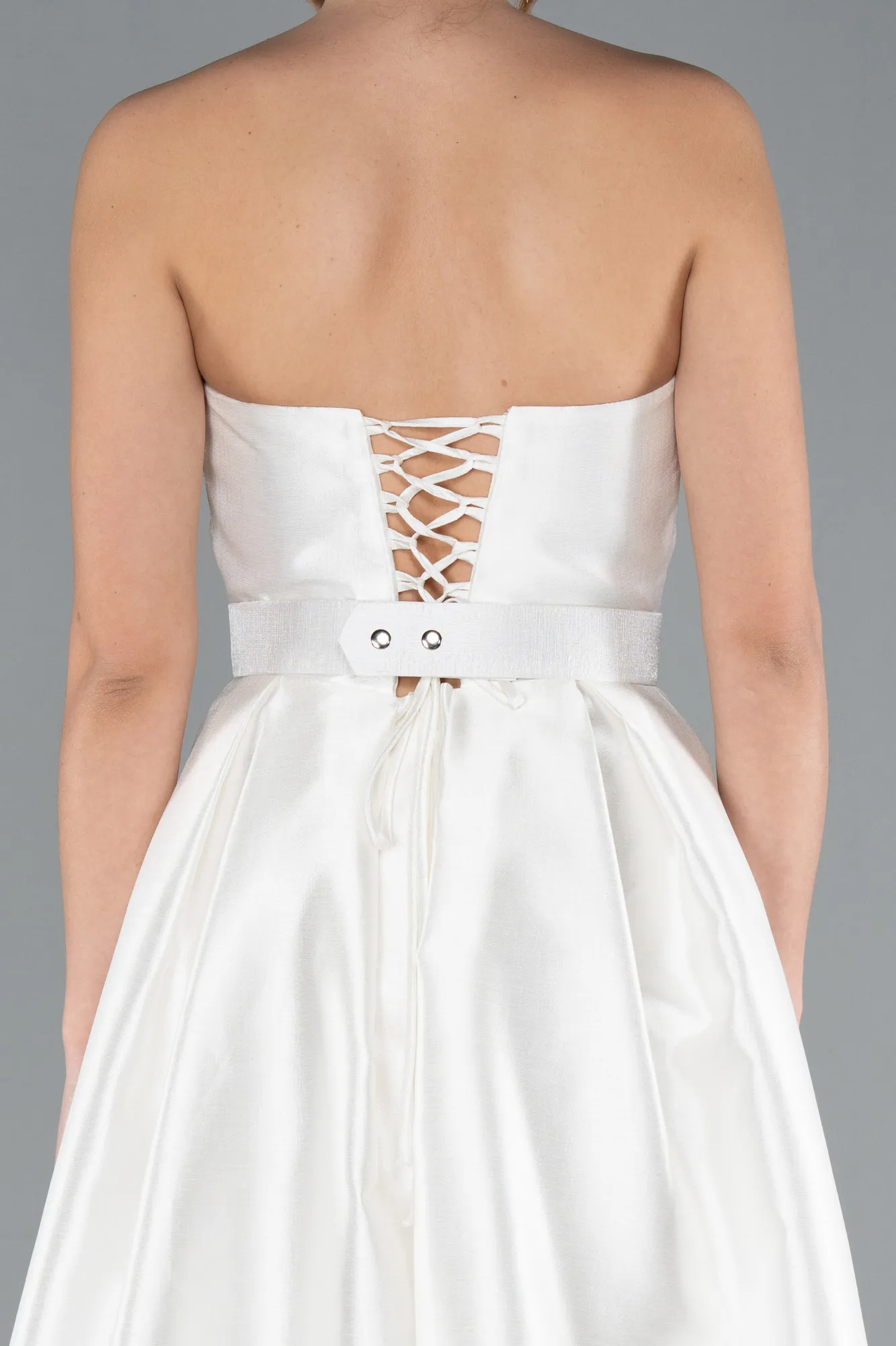 Ecru-Strapless Belted Midi Taffeta Party Dress ABK2287