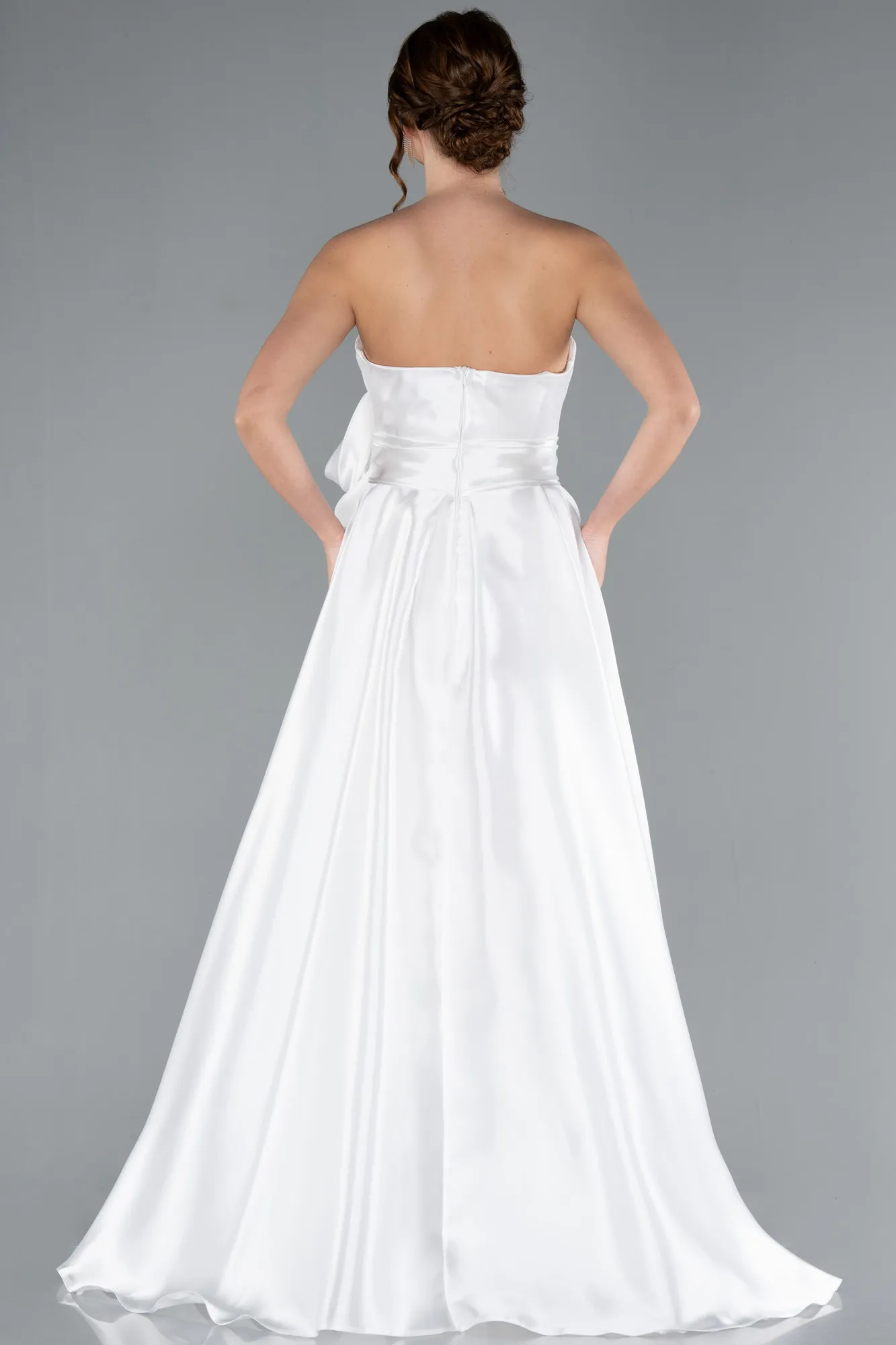 Ecru-Strapless High Slit Long Satin Graduation Prom Dress ABU4774