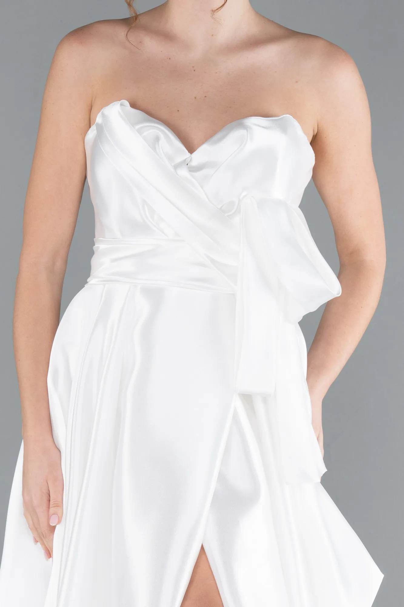 Ecru-Strapless High Slit Long Satin Graduation Prom Dress ABU4774