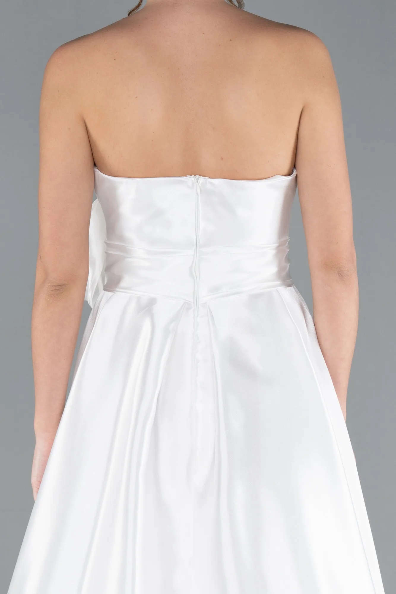 Ecru-Strapless High Slit Long Satin Graduation Prom Dress ABU4774