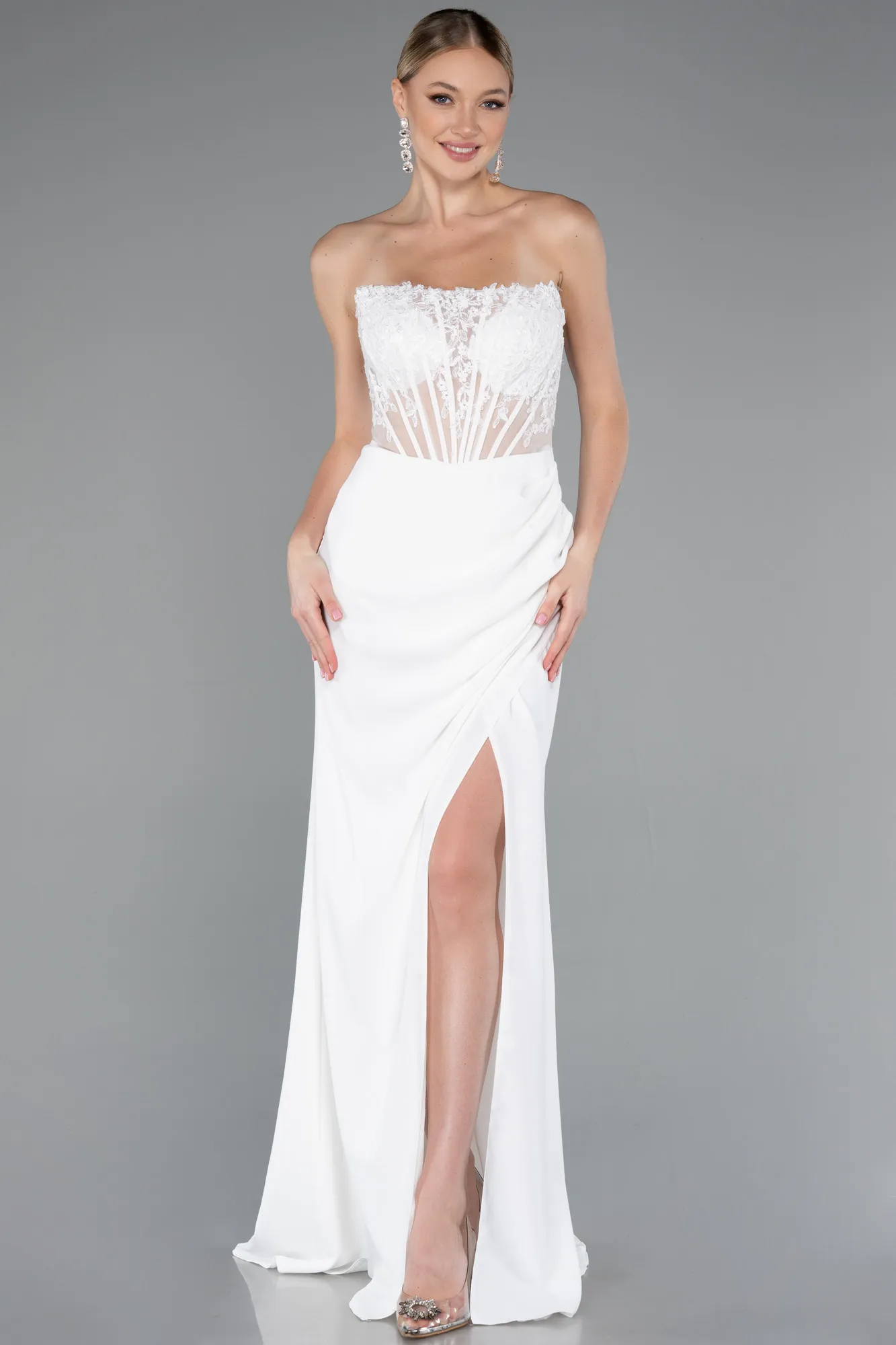 Ecru-Strapless Lace Appliqued Slit Long Evening Gown ABU5001