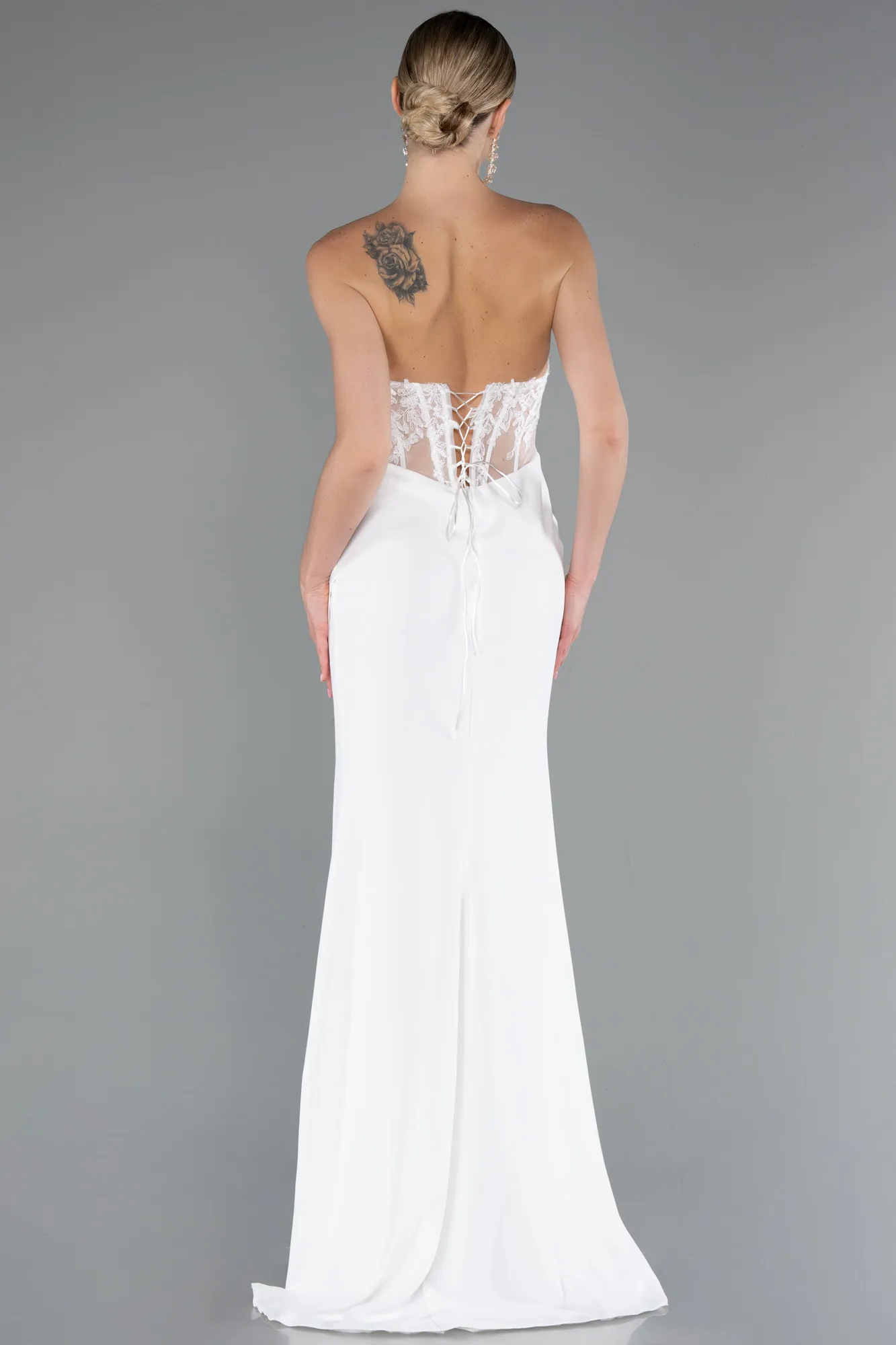 Ecru-Strapless Lace Appliqued Slit Long Evening Gown ABU5001