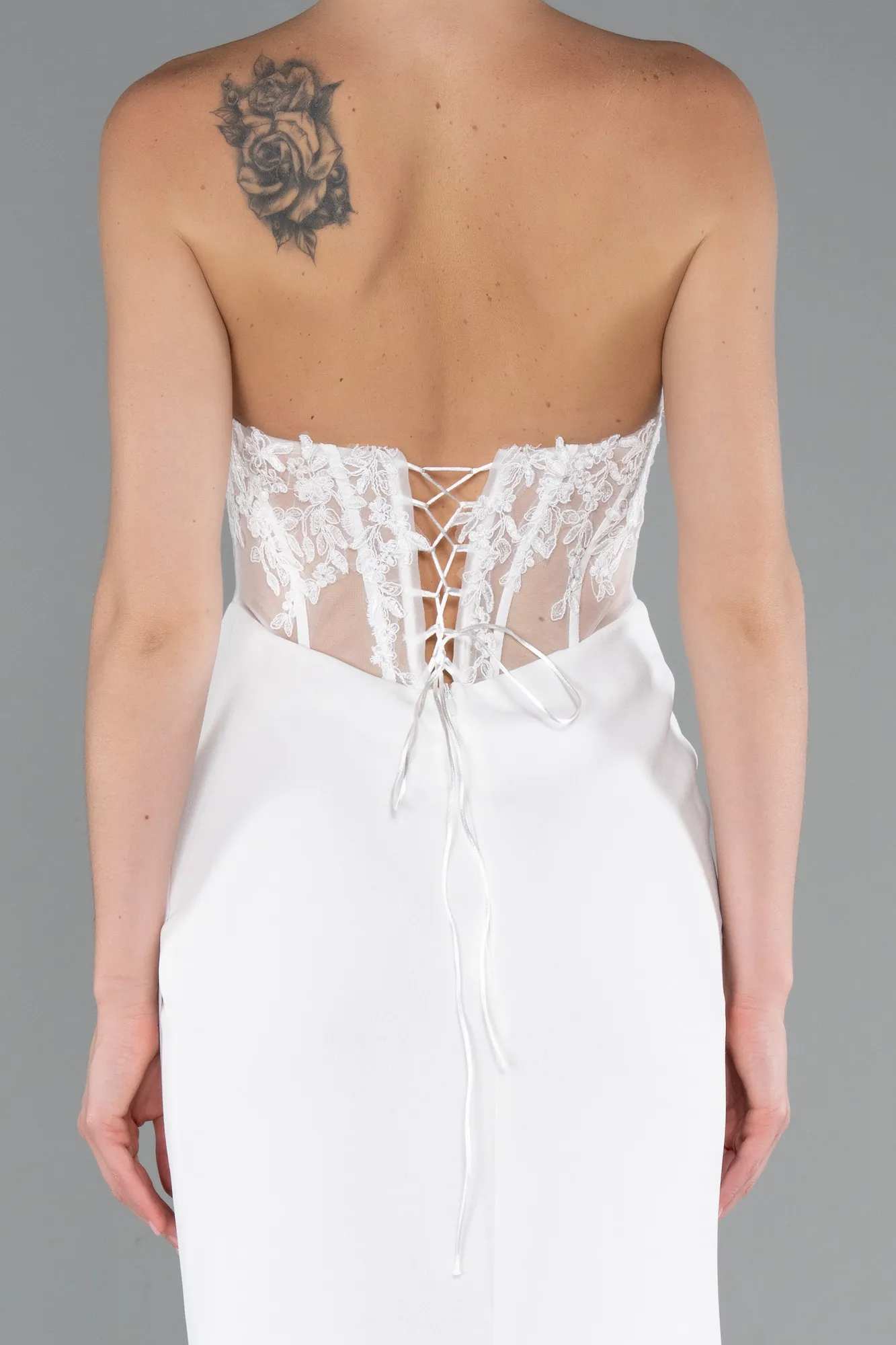 Ecru-Strapless Lace Appliqued Slit Long Evening Gown ABU5001