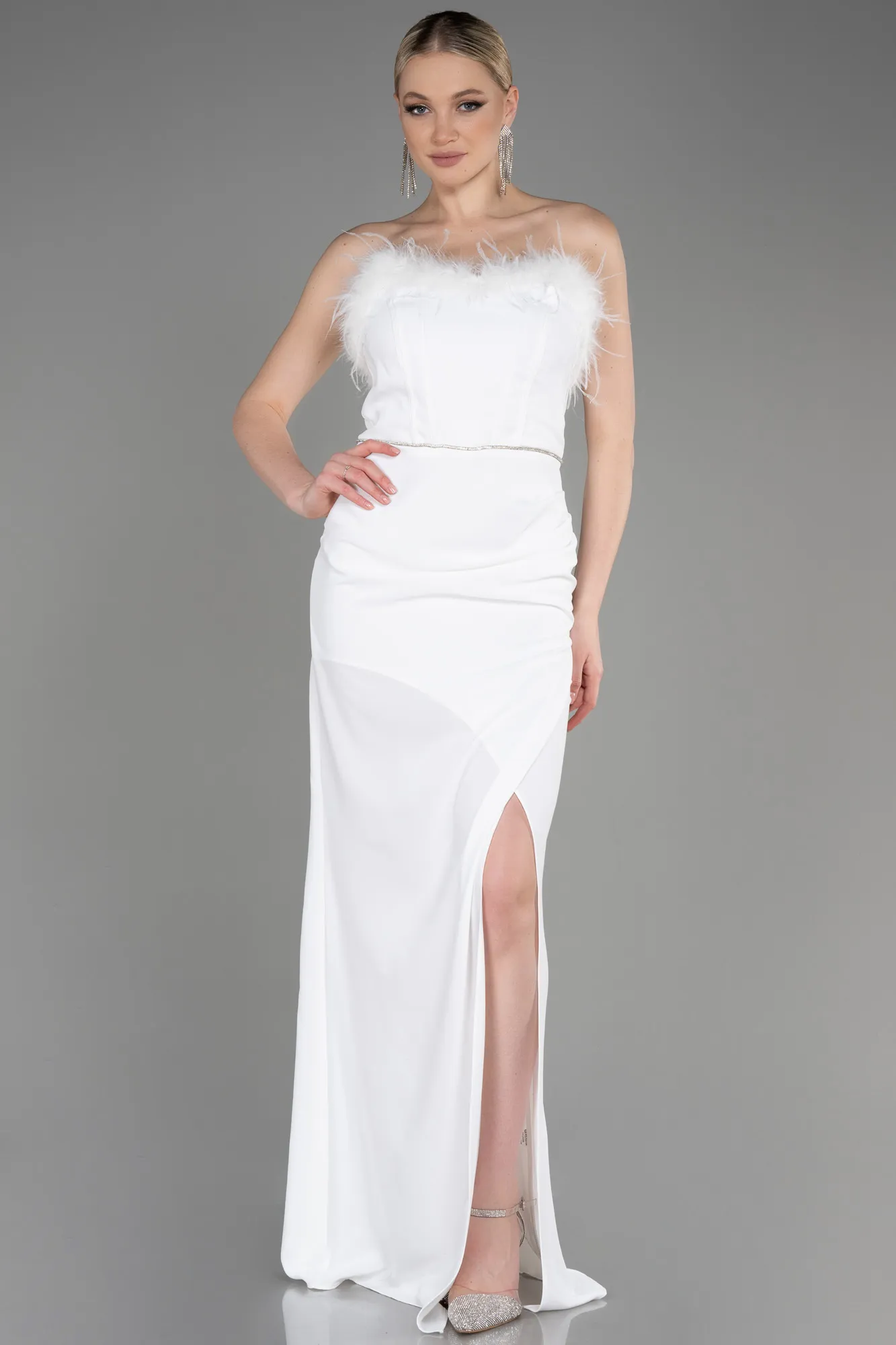 Ecru-Strapless Long Evening Dress ABU3830