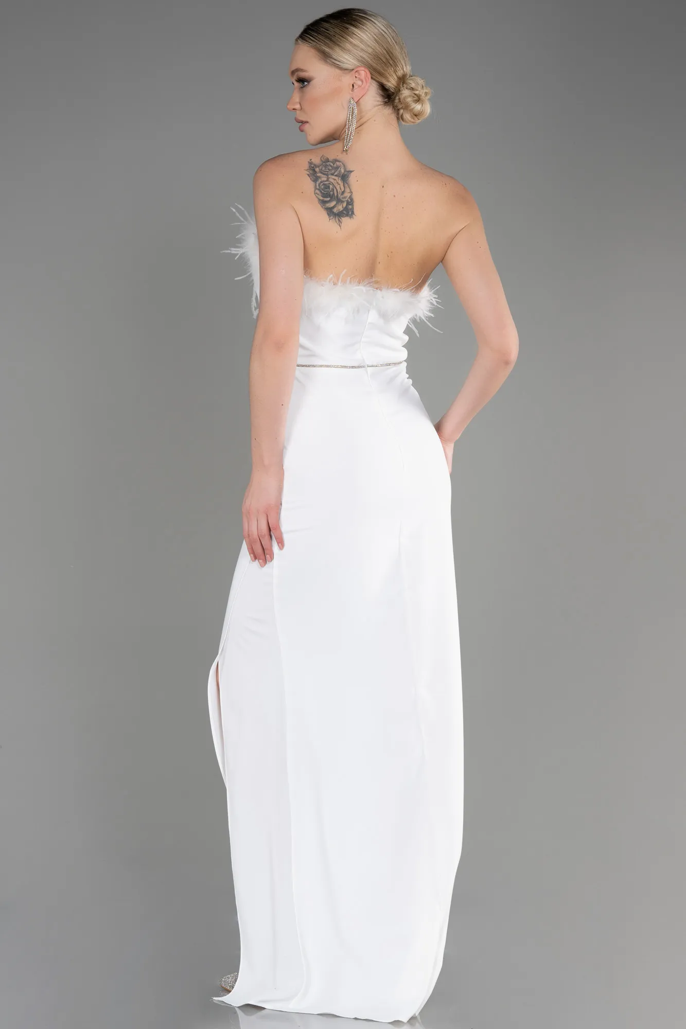 Ecru-Strapless Long Evening Dress ABU3830